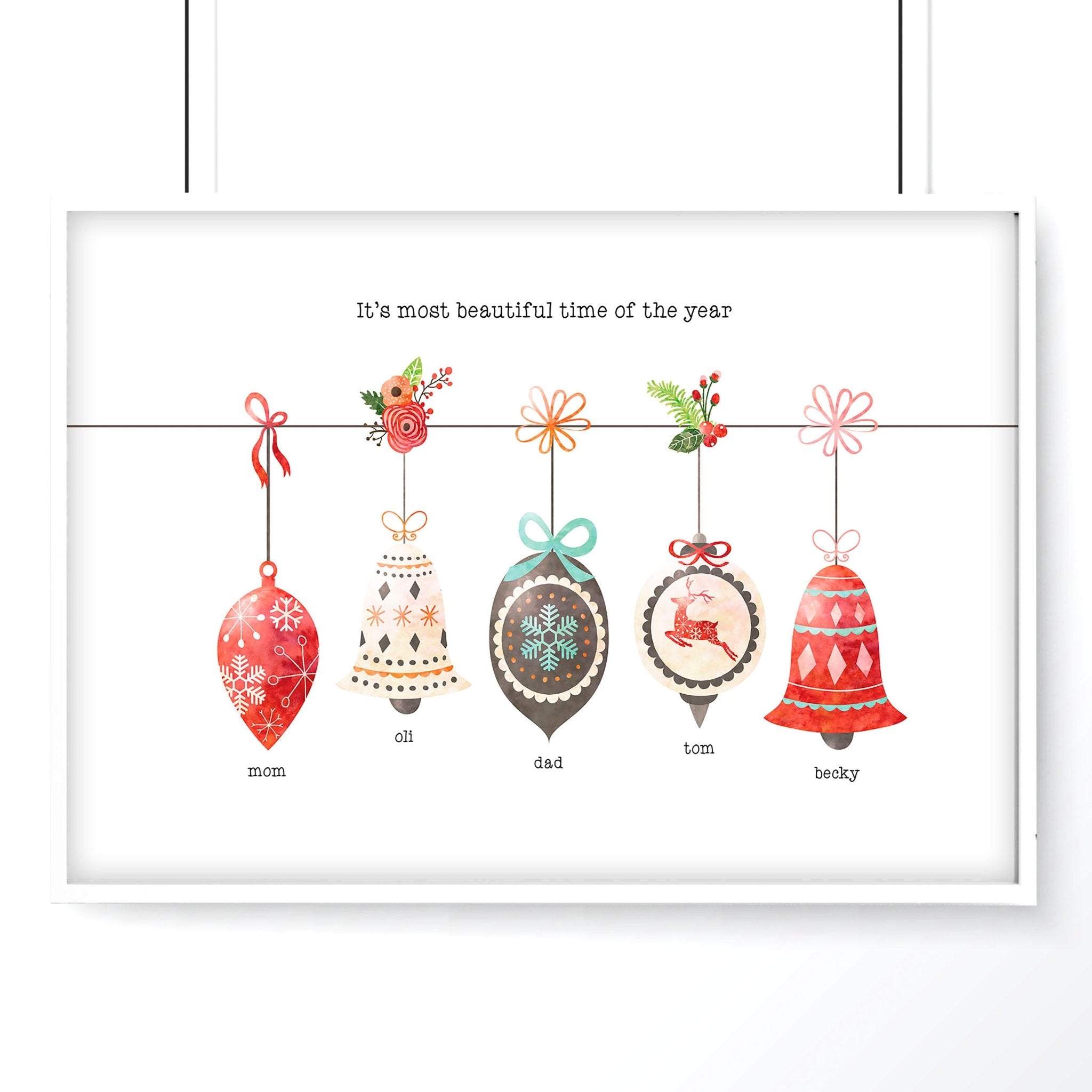 Custom family Christmas wall art print featuring colorful ornaments and a decorated Christmas tree, personalized with family names.