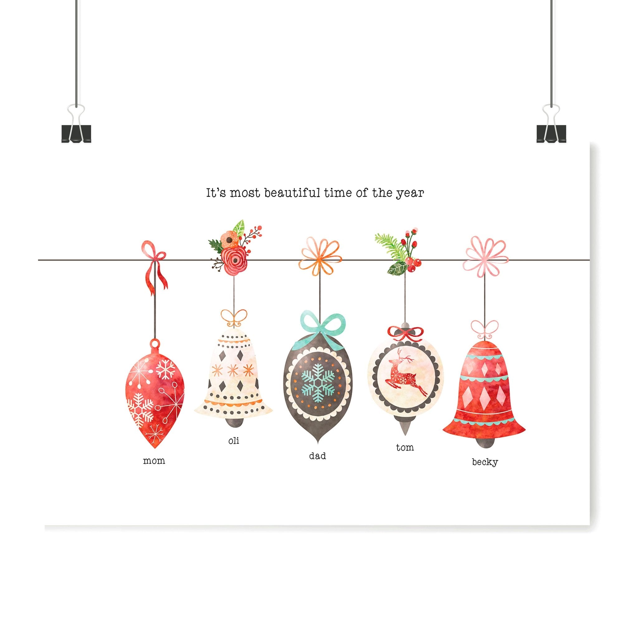 Custom family Christmas wall art print featuring colorful ornaments and a decorated Christmas tree, personalized with family names.