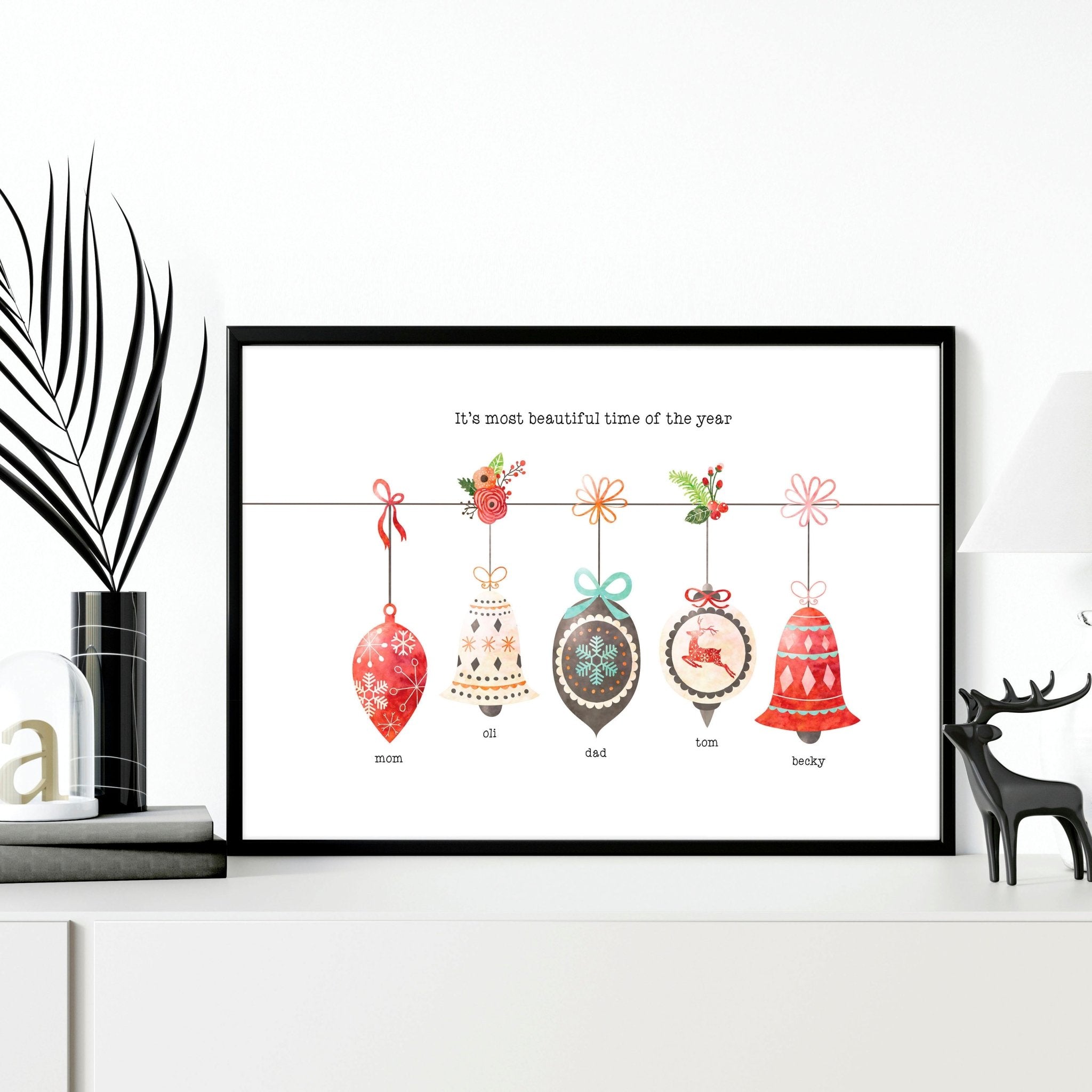 Custom family Christmas wall art print featuring colorful ornaments and a decorated Christmas tree, personalized with family names.