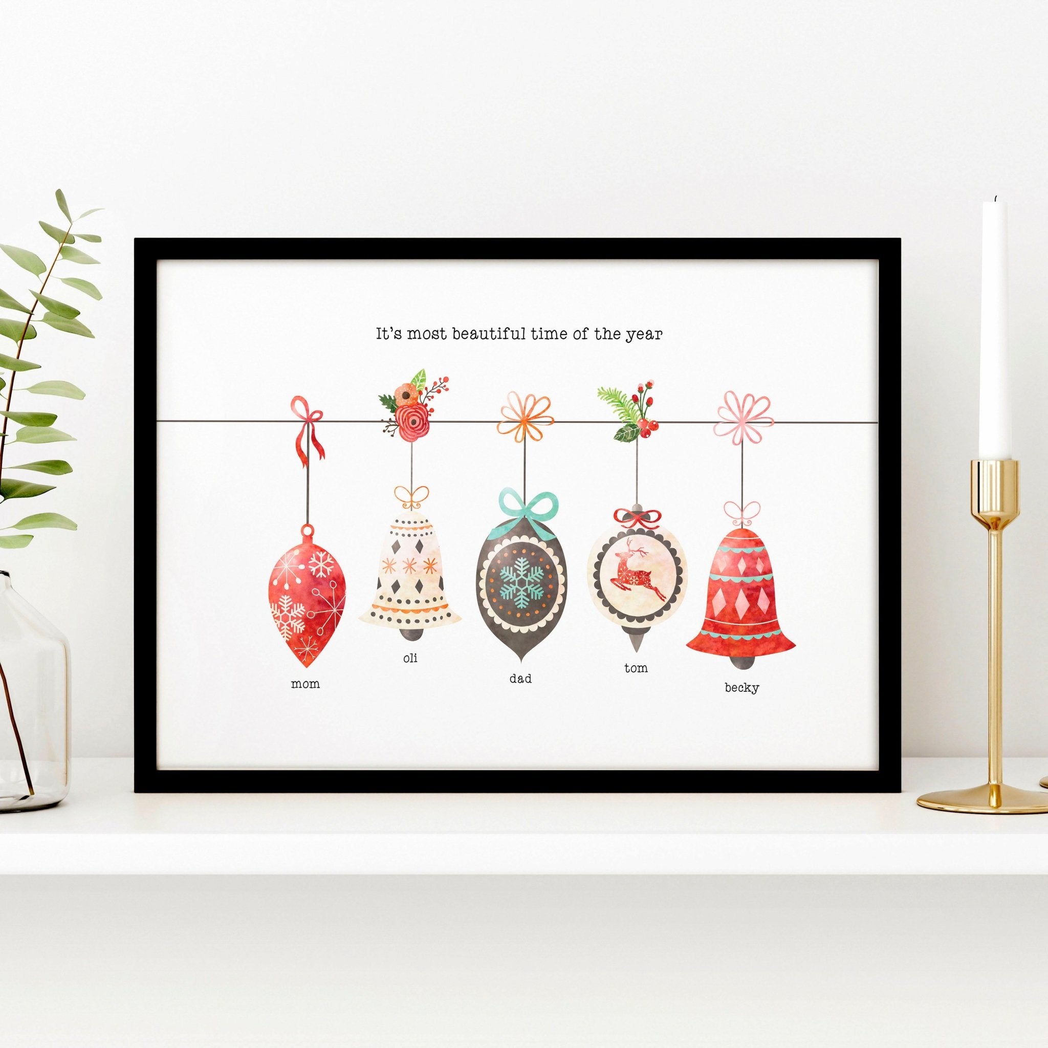 Custom family Christmas wall art print featuring colorful ornaments and a decorated Christmas tree, personalized with family names.