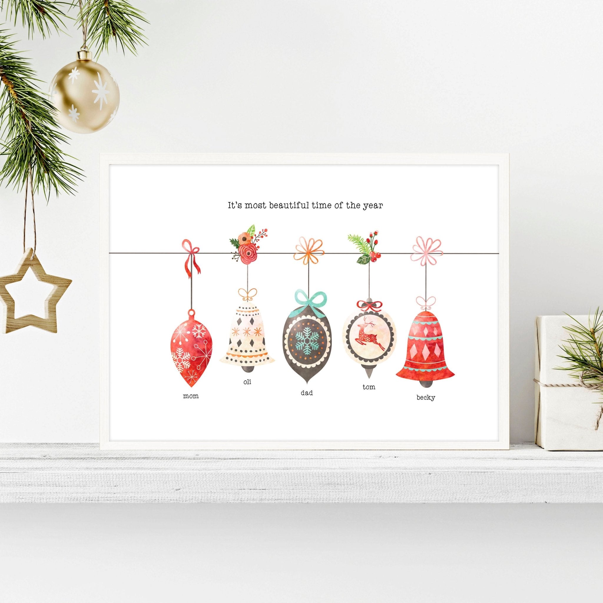 Custom family Christmas wall art print featuring colorful ornaments and a decorated Christmas tree, personalized with family names.