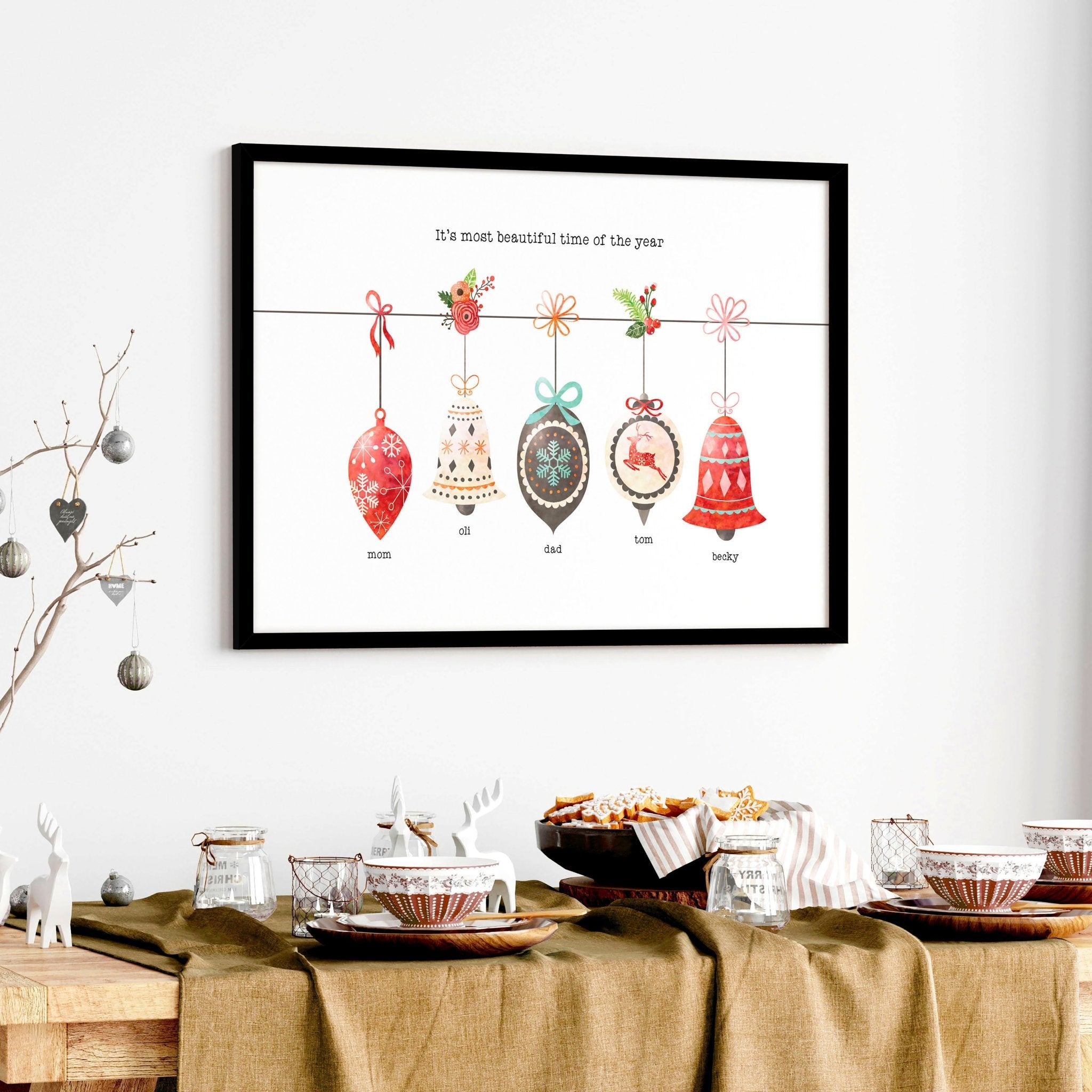 Custom family Christmas wall art print featuring colorful ornaments and a decorated Christmas tree, personalized with family names.