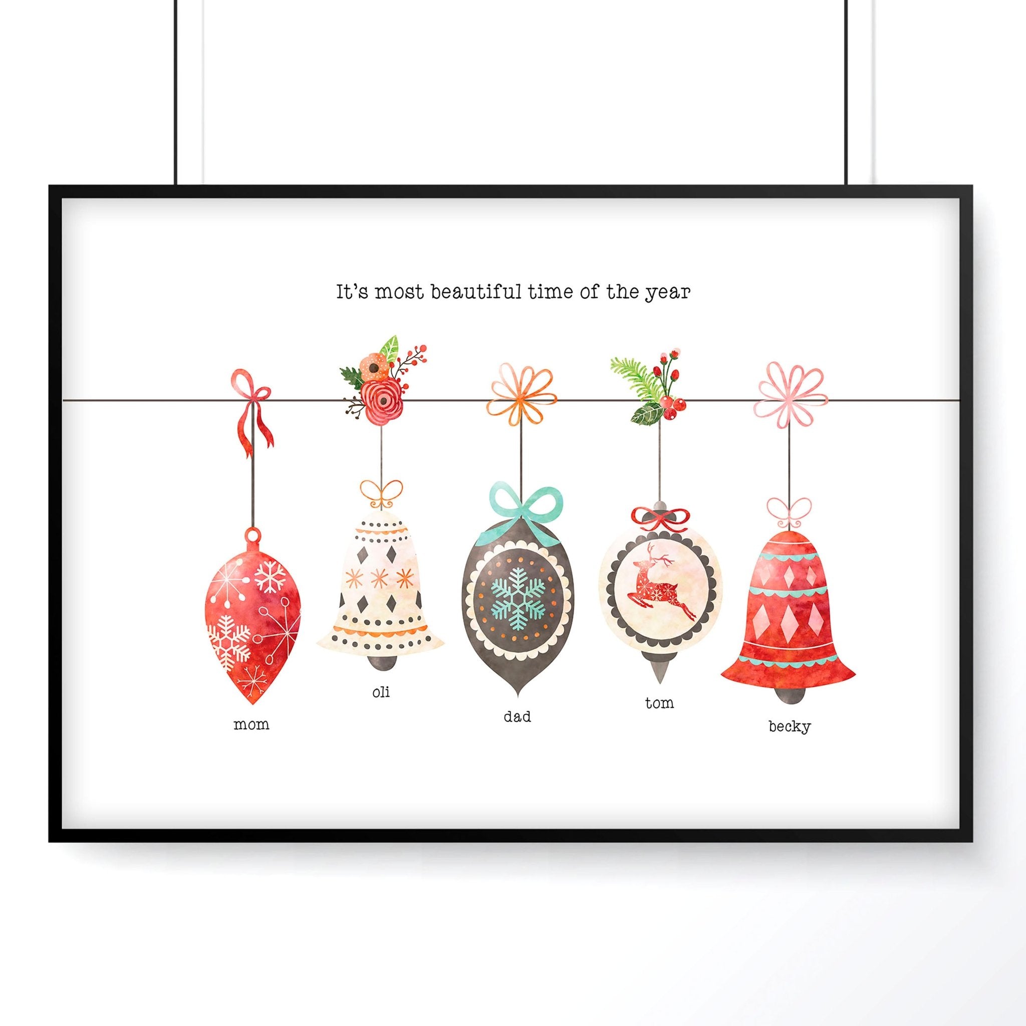 Custom family Christmas wall art print featuring colorful ornaments and a decorated Christmas tree, personalized with family names.
