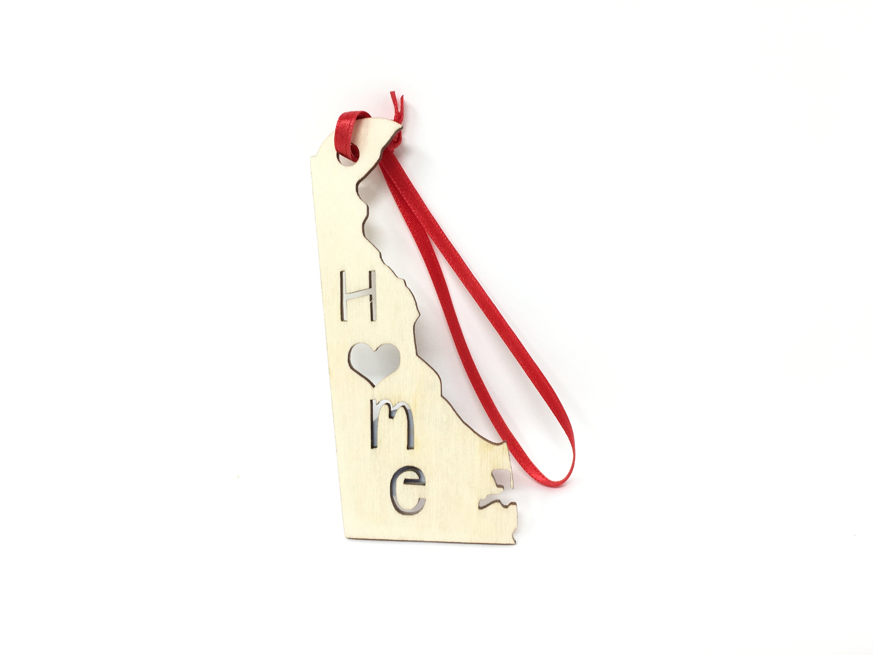 Delaware State Wood Christmas Ornament made from Baltic Birch, featuring the outline of Delaware, perfect for holiday decor.