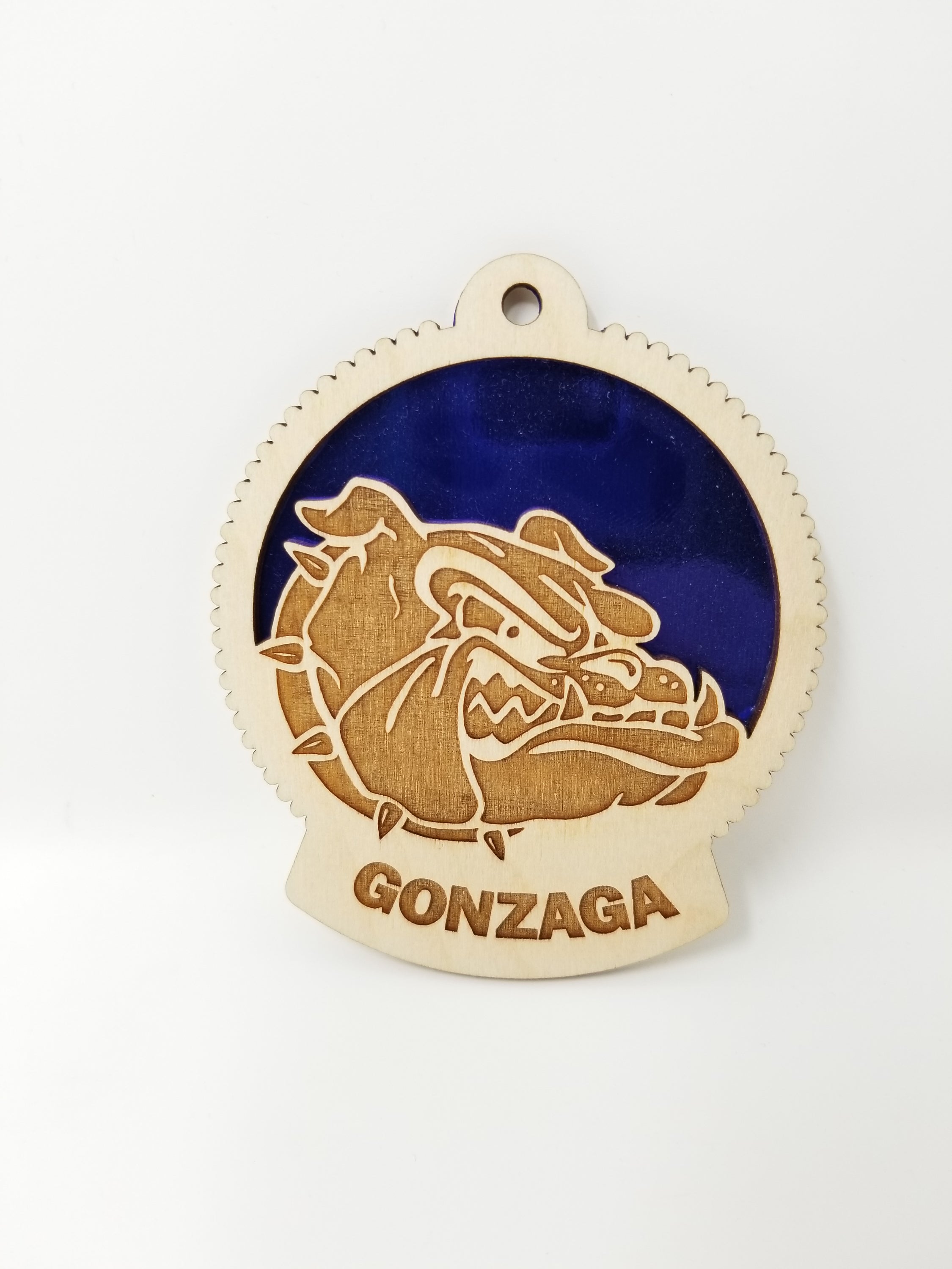 Handcrafted Gonzaga University ornament made of birch wood, measuring 4x4 inches, beautifully packaged.