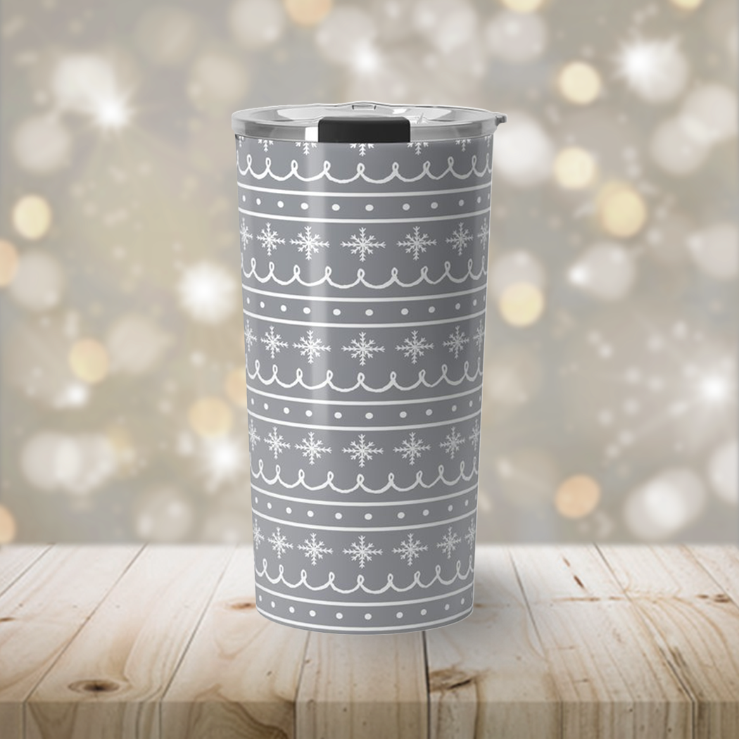 Gray Snowflake Pattern Travel Coffee Mug made of stainless steel with double-wall insulation, featuring a stylish snowflake design.