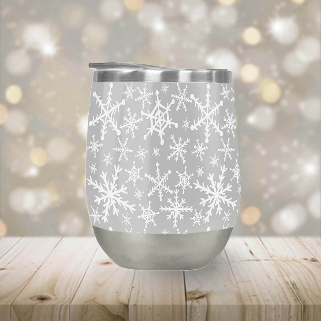 Gray Snowflakes Stemless Wine Tumbler with double-wall insulation and a stylish design, perfect for outdoor parties.