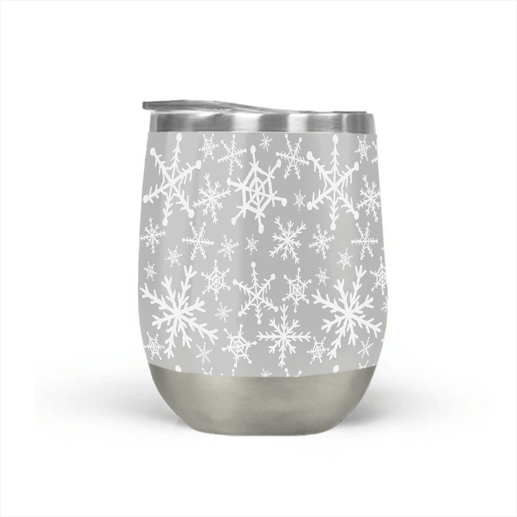 Gray Snowflakes Stemless Wine Tumbler with double-wall insulation and a stylish design, perfect for outdoor parties.