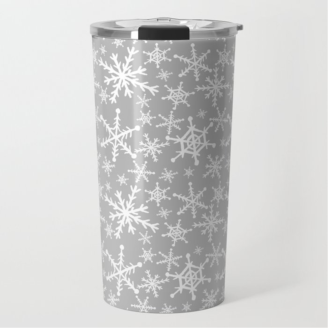 Gray Snowflakes Travel Coffee Mug with stainless steel body and winter-themed design, perfect for hot or cold beverages.
