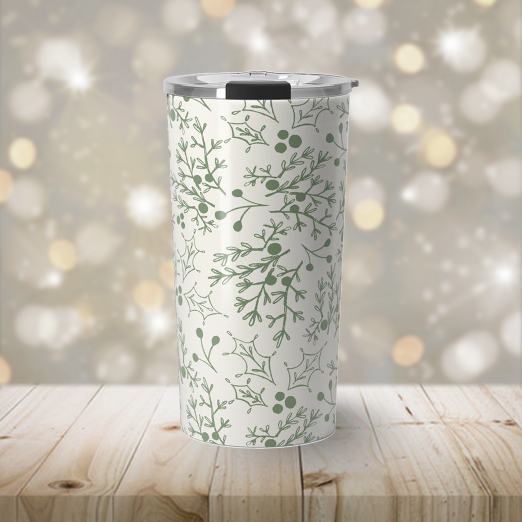 Green Christmas Branch Travel Coffee Mug with double-wall insulation and festive design, perfect for hot or cold beverages.