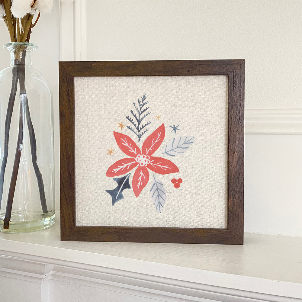 Hand Drawn Red Poinsettia framed sign with a wood frame, featuring a vibrant poinsettia design on a linen-look background.