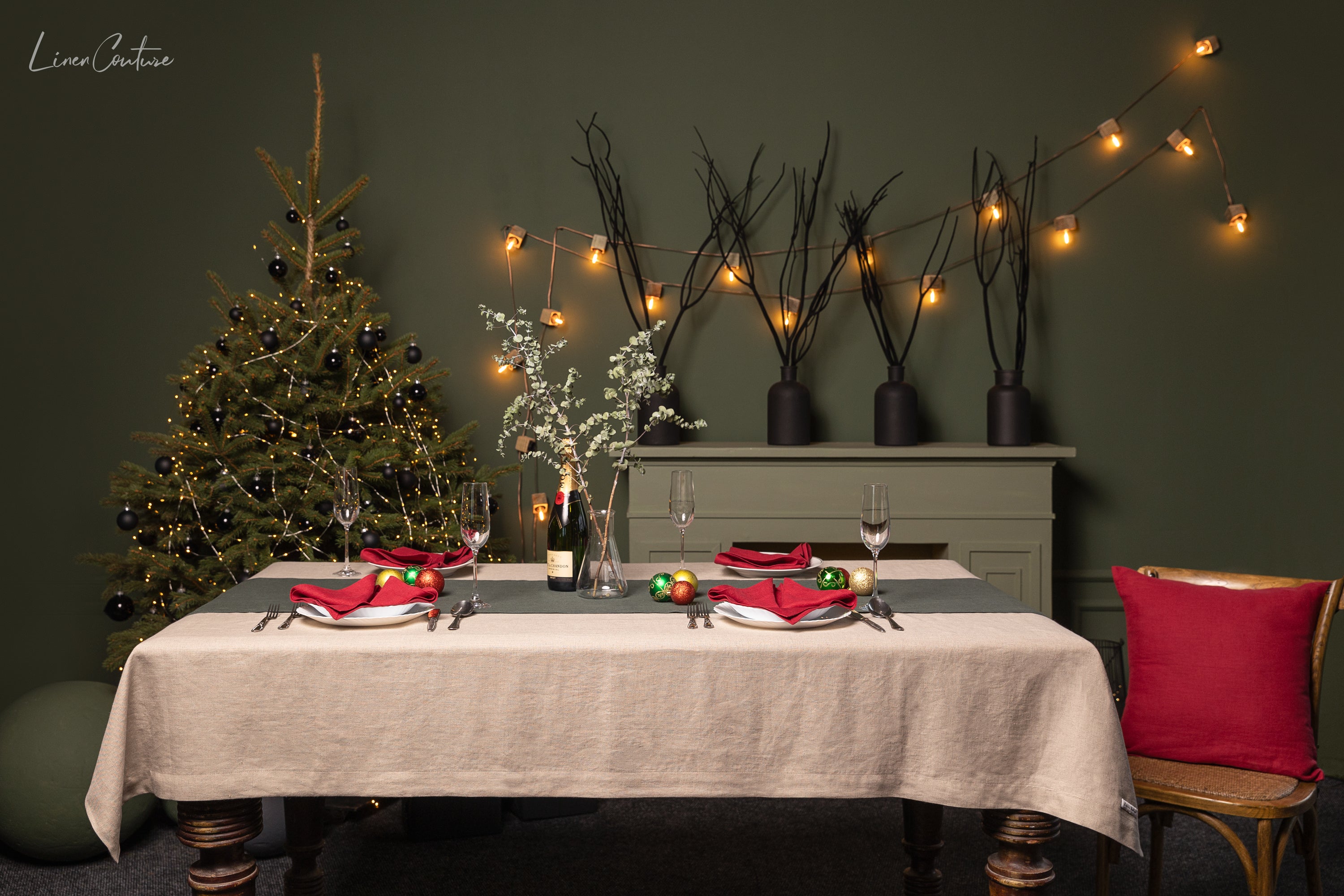 Handmade Natural Linen Christmas Tablecloth elegantly draped on a dining table, showcasing its premium texture and festive appeal.