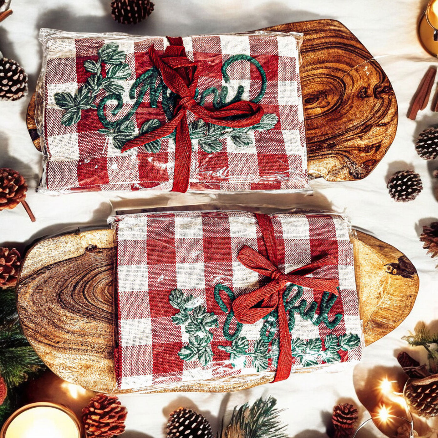 Holiday Charcuterie & Tartan Towel Set featuring a wooden charcuterie board and a tartan print kitchen towel in red and green.