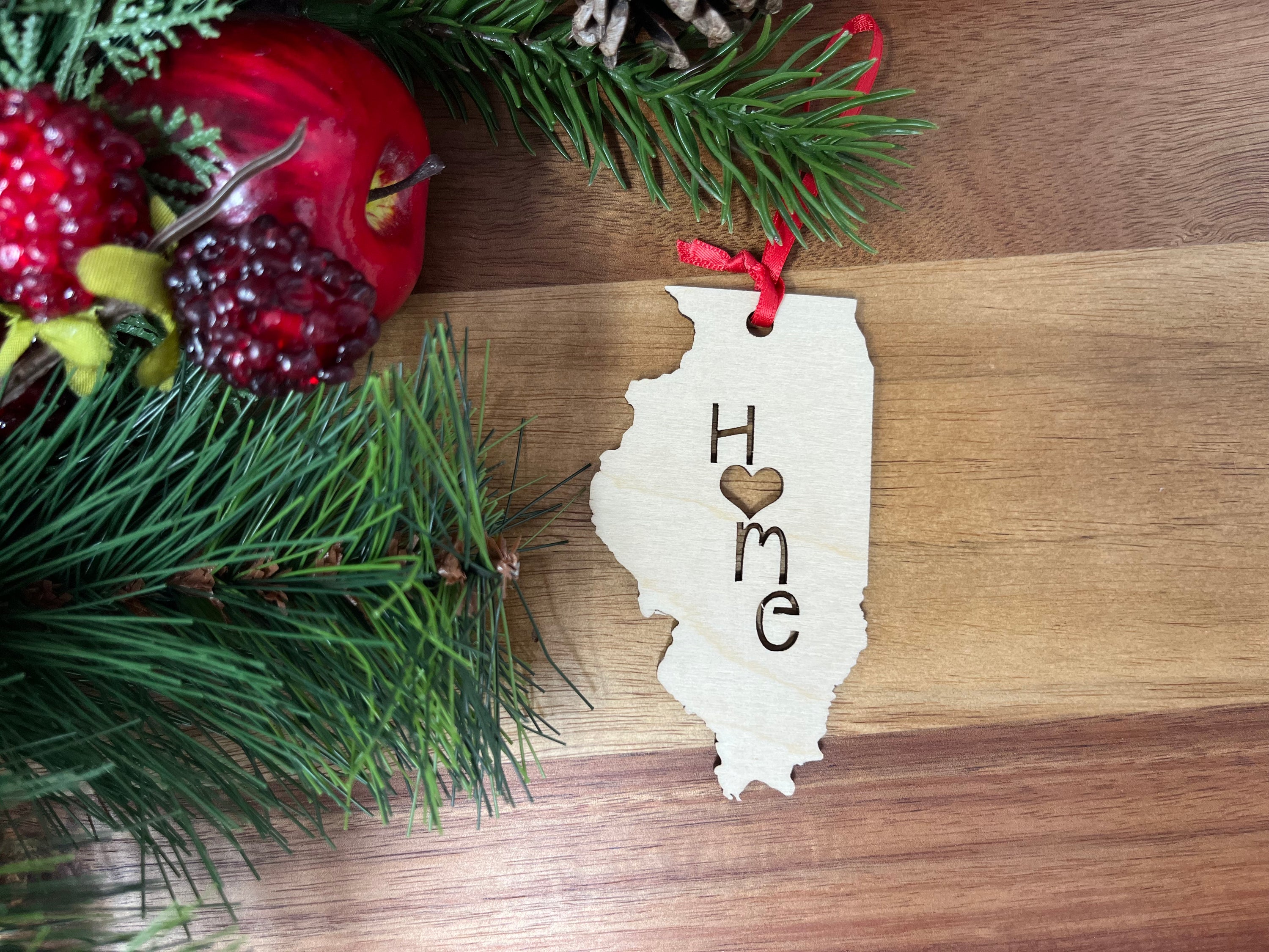 Illinois State Wood Christmas Ornament featuring a 'Home' design made from premium Baltic Birch wood.