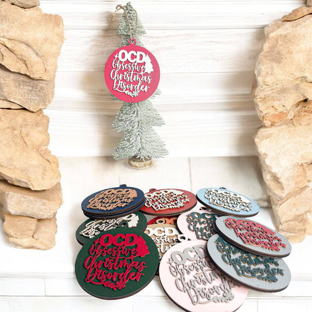 Handcrafted 3D Wooden Christmas Ornaments in various colors, showcasing unique designs and rustic jute twine for hanging.