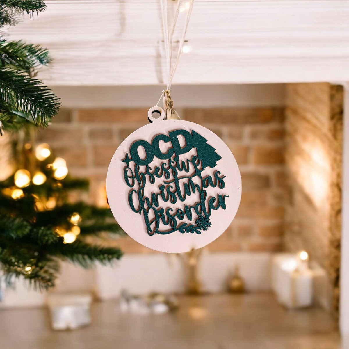 Handcrafted 3D Wooden Christmas Ornaments in various colors, showcasing unique designs and rustic jute twine for hanging.