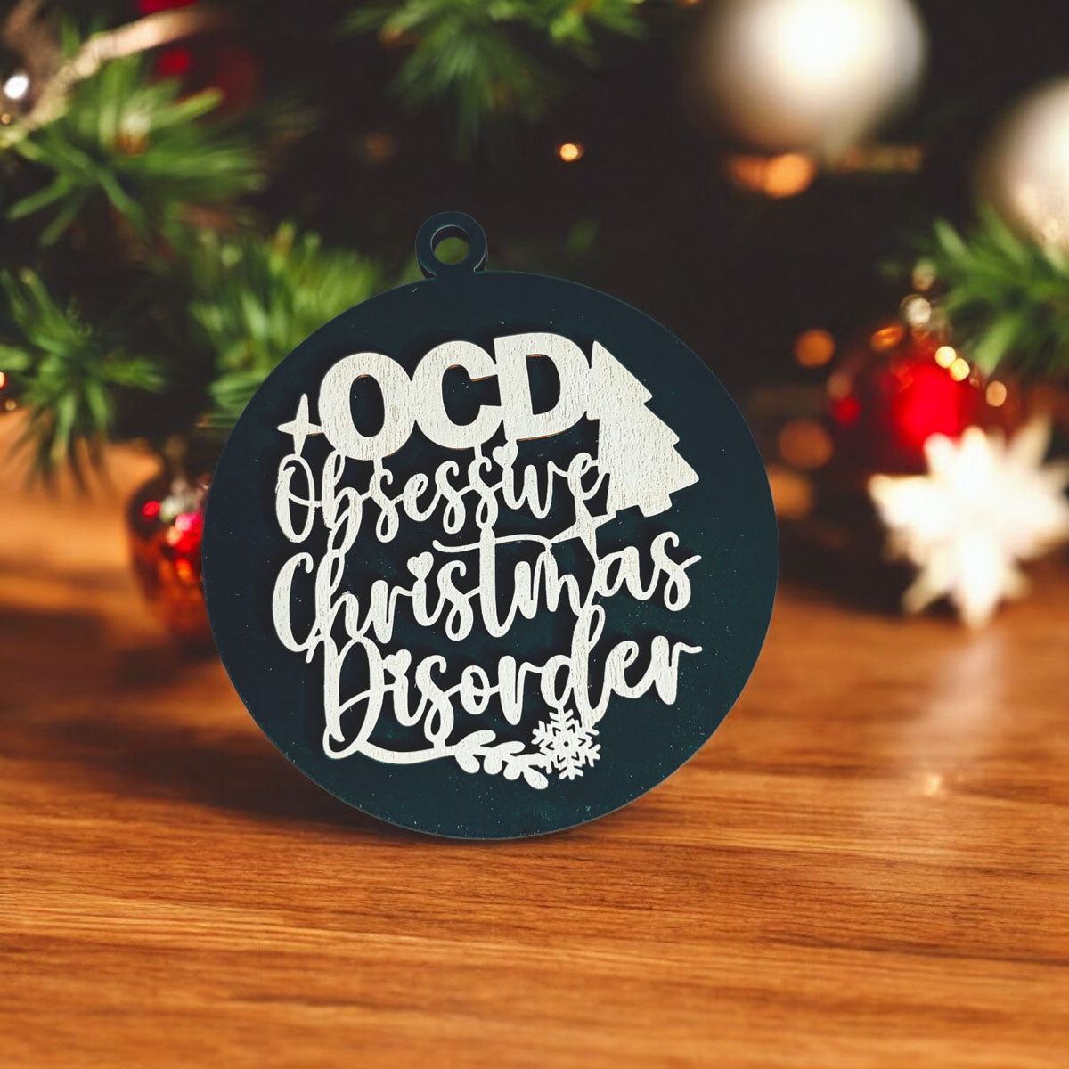 Handcrafted 3D Wooden Christmas Ornaments in various colors, showcasing unique designs and rustic jute twine for hanging.