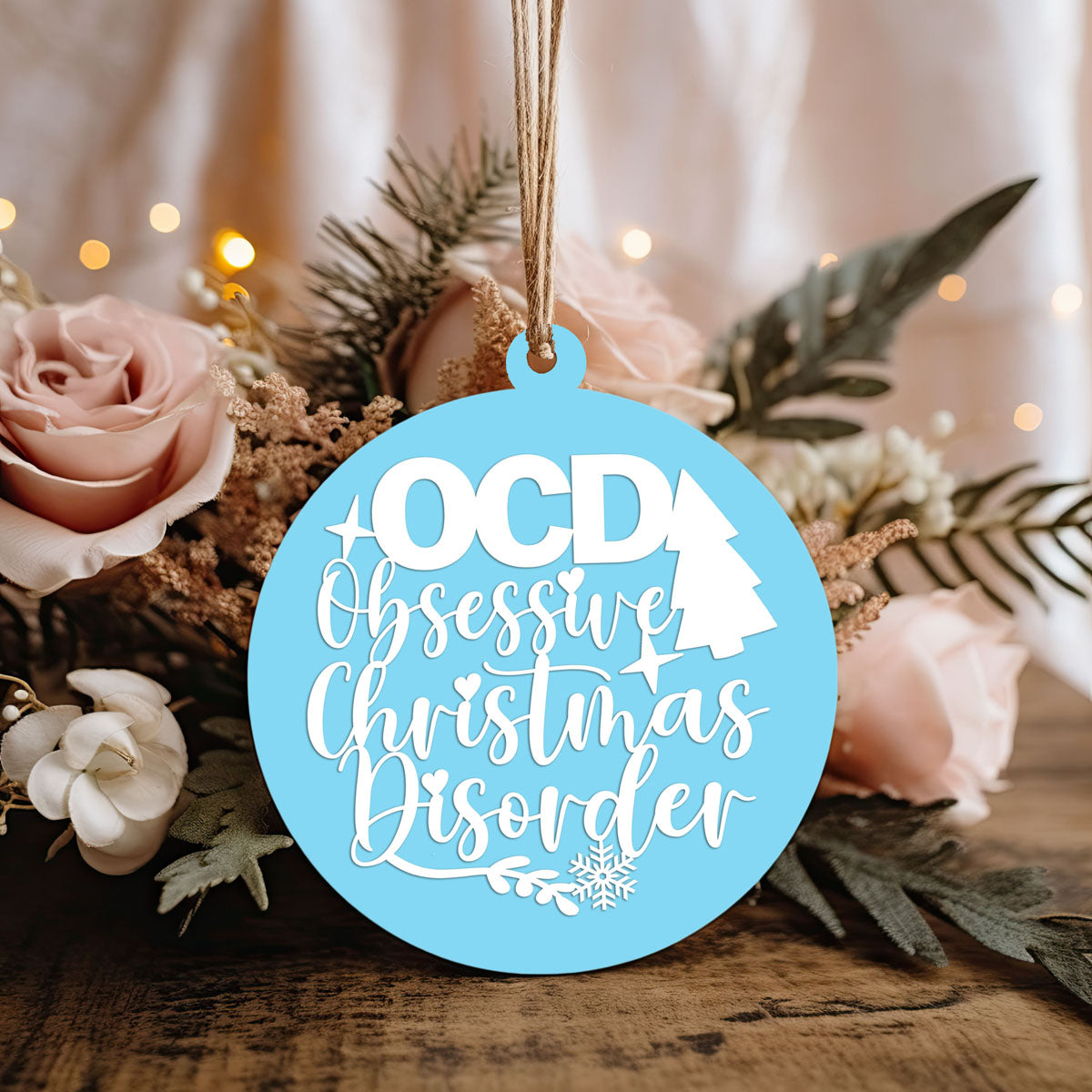 Handcrafted 3D Wooden Christmas Ornaments in various colors, showcasing unique designs and rustic jute twine for hanging.