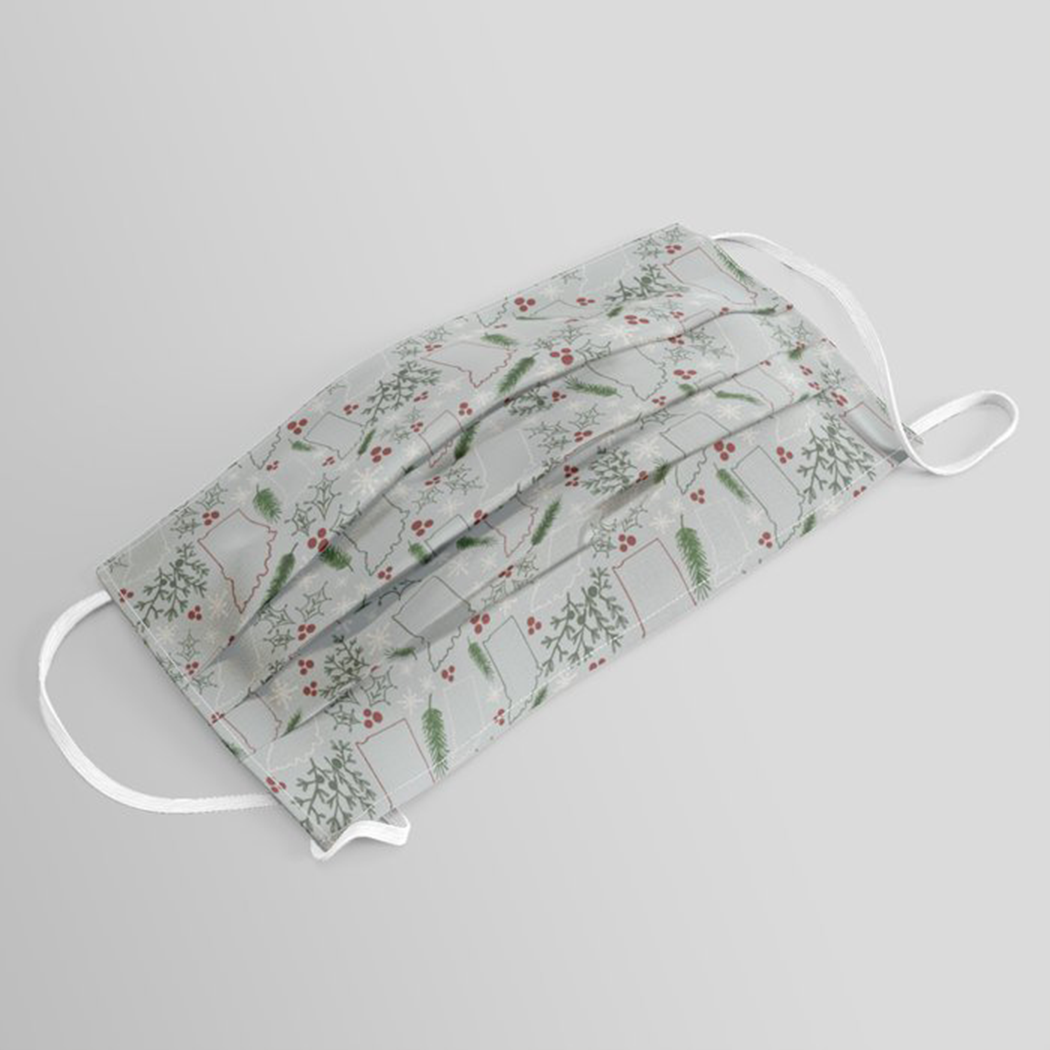 Indiana Christmas Face Mask featuring a festive design, pleated front, and elastic ear loops, ideal for holiday celebrations.