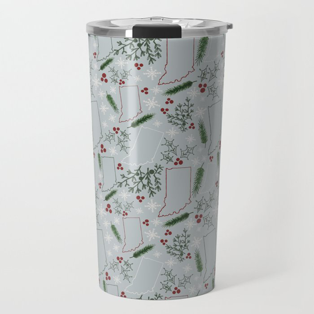 Indiana Christmas Travel Coffee Mug featuring festive artwork and durable stainless steel design.