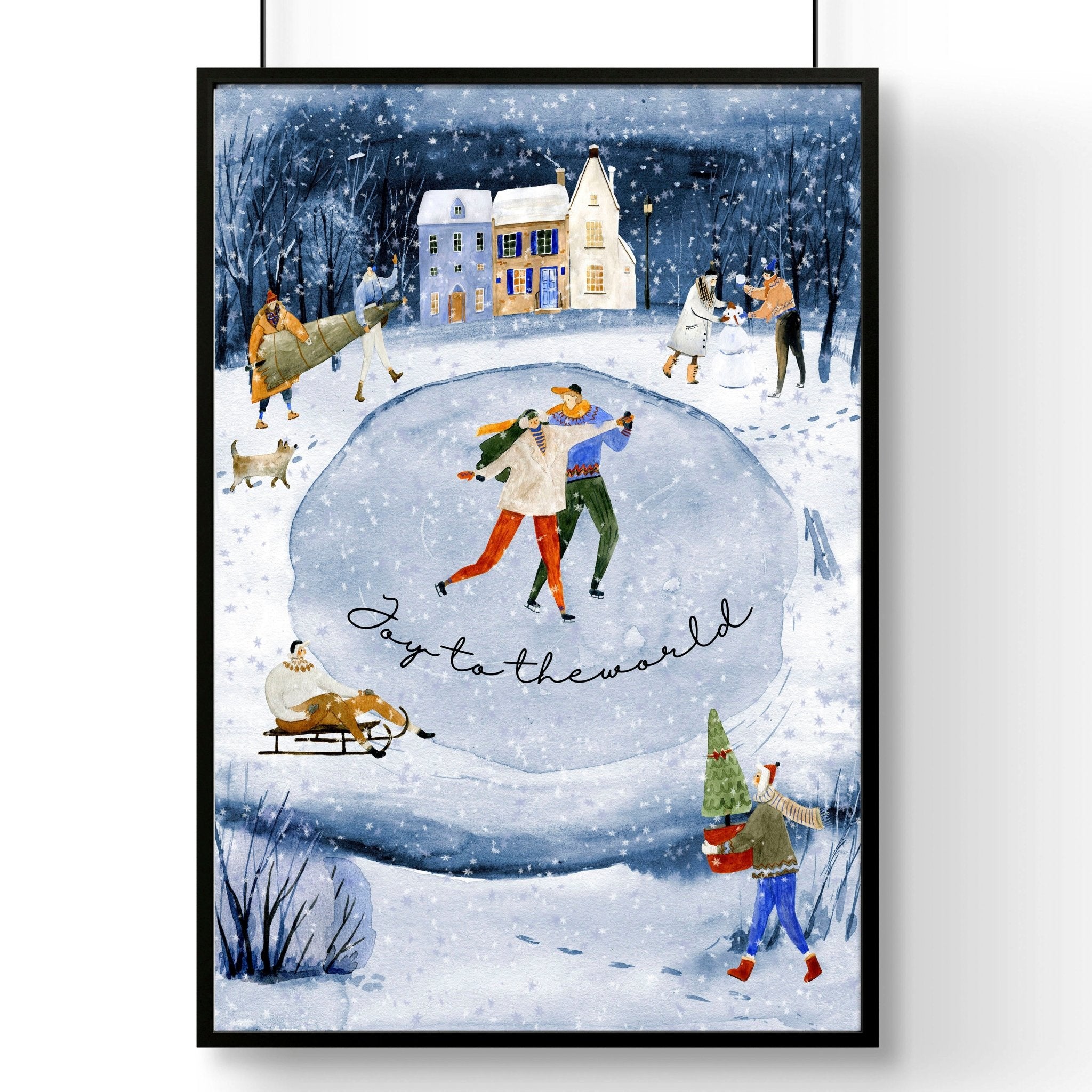A beautiful indoor Christmas wall art print featuring a serene blue watercolour landscape with a snowy pond and a charming village adorned with lights.