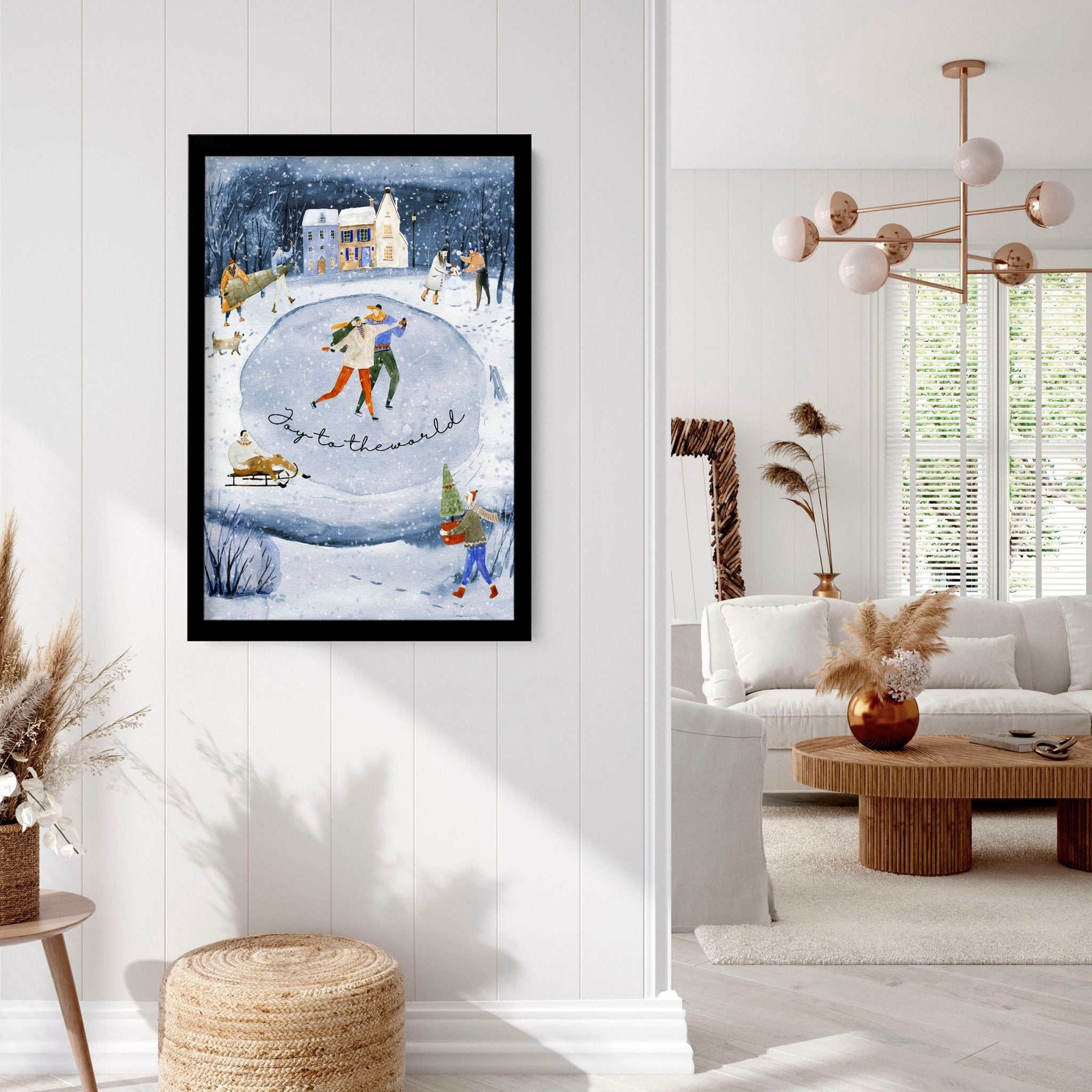 A beautiful indoor Christmas wall art print featuring a serene blue watercolour landscape with a snowy pond and a charming village adorned with lights.