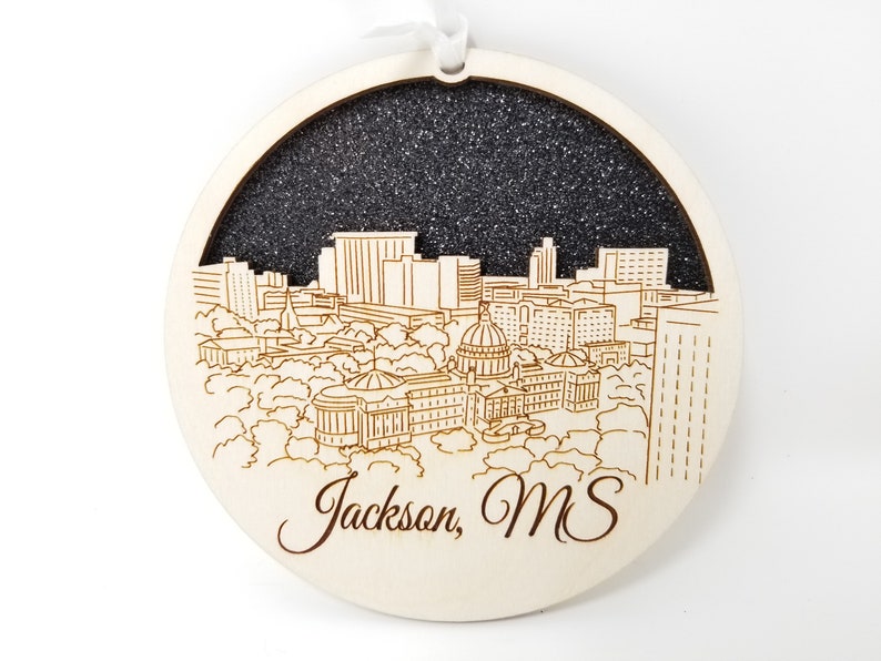 Jackson Mississippi skyline ornament made from premium Baltic birch wood, showcasing intricate skyline details.