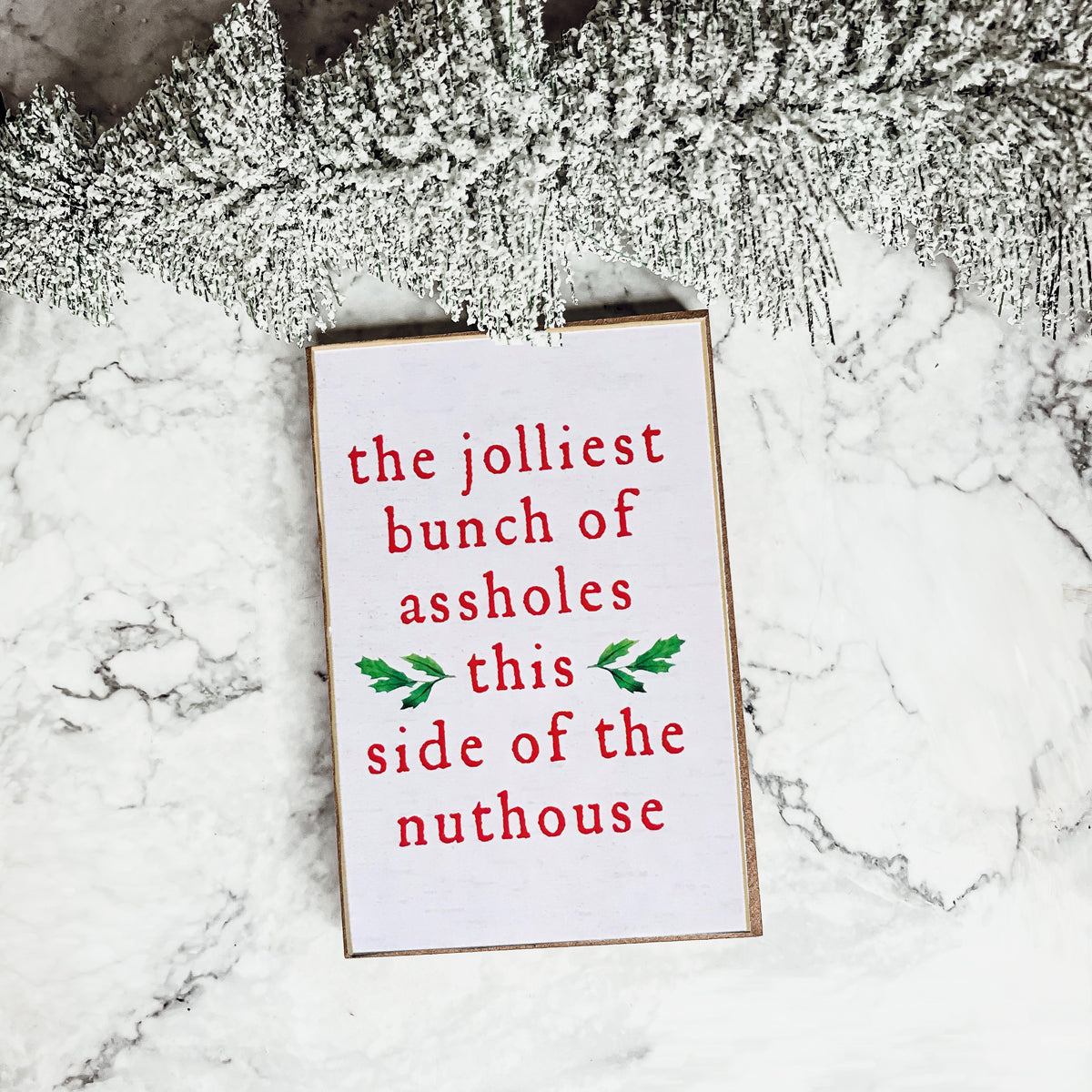A humorous Christmas sign reading 'The jolliest bunch of assholes this side of the nuthouse', perfect for holiday decor.