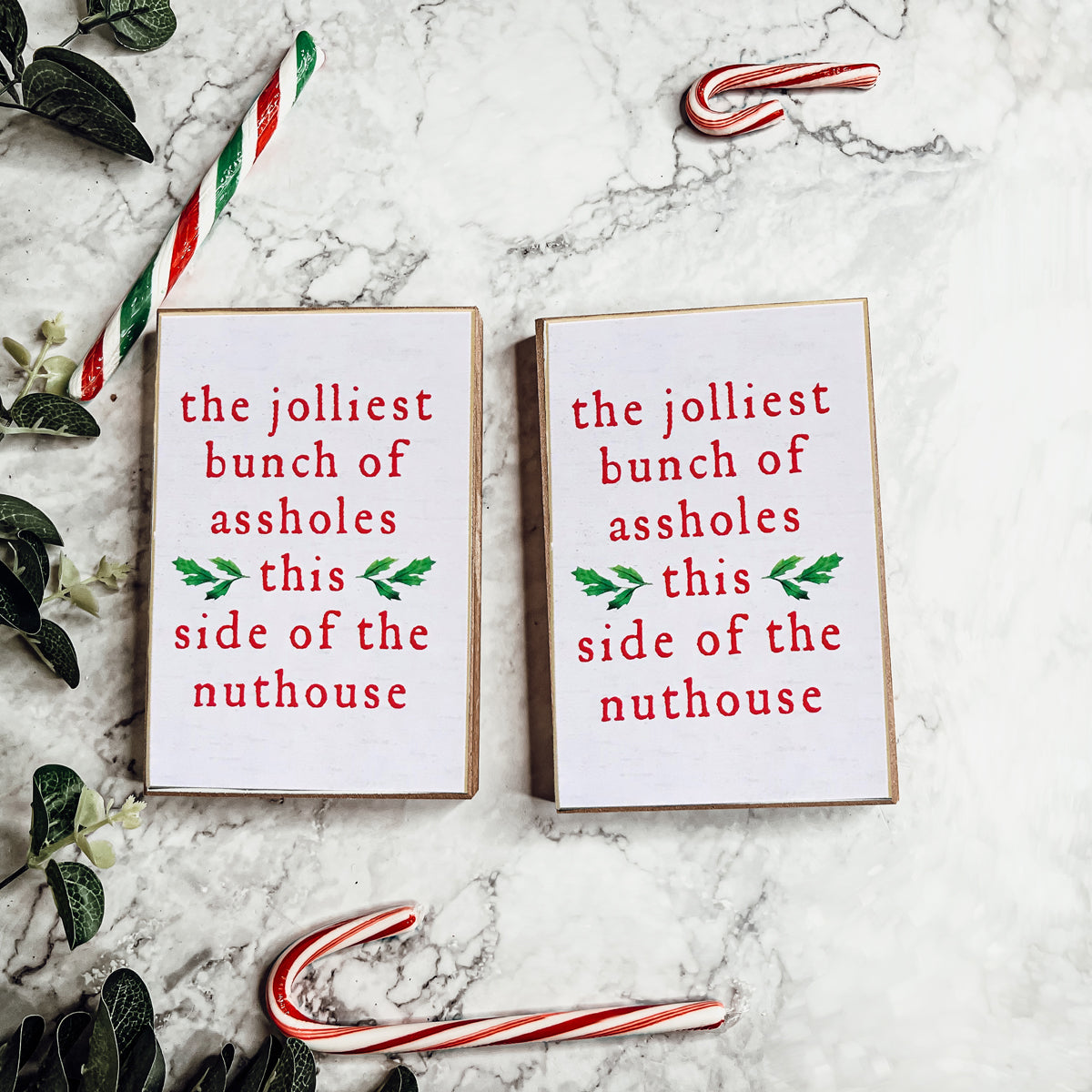 A humorous Christmas sign reading 'The jolliest bunch of assholes this side of the nuthouse', perfect for holiday decor.