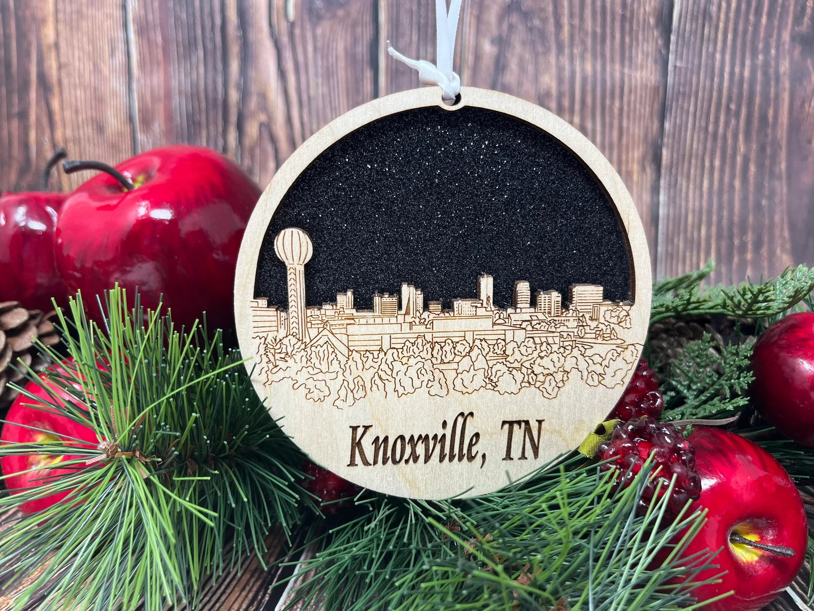 Knoxville Skyline Ornament made from premium Baltic birch wood, showcasing the city's iconic skyline design.