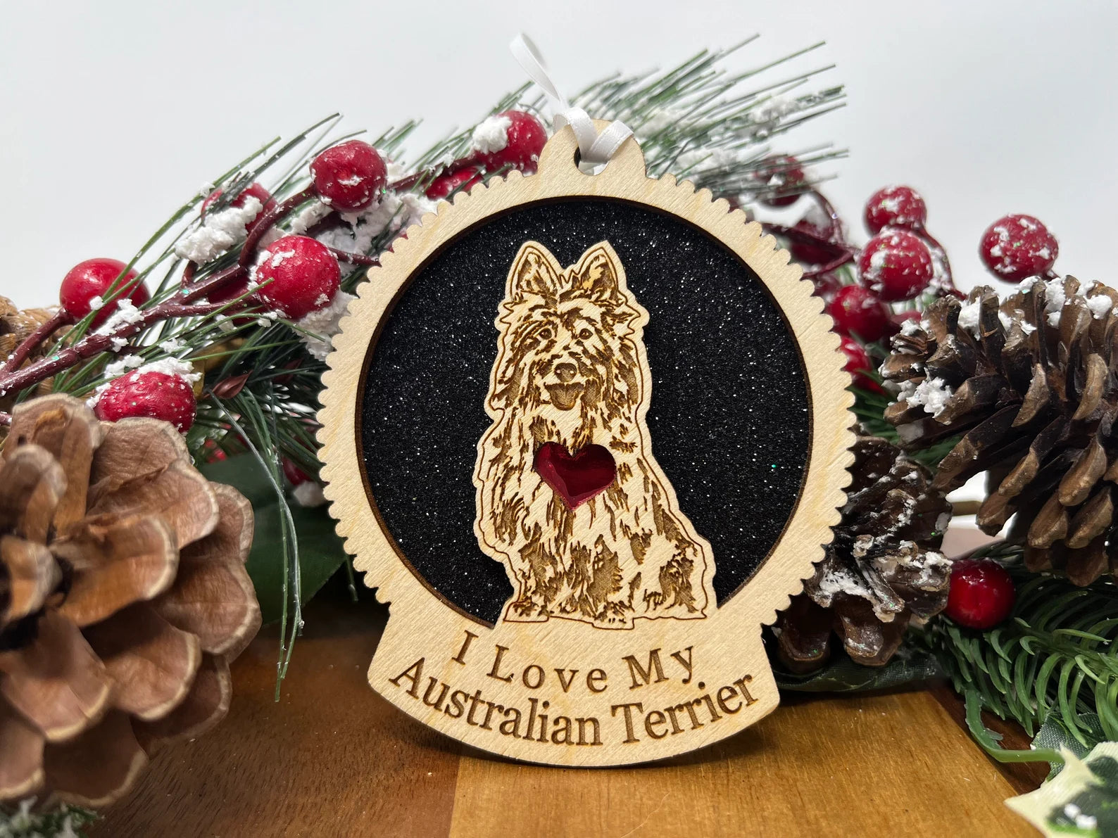 Laser-cut wooden ornament featuring an Australian Terrier silhouette, perfect for Christmas decoration.