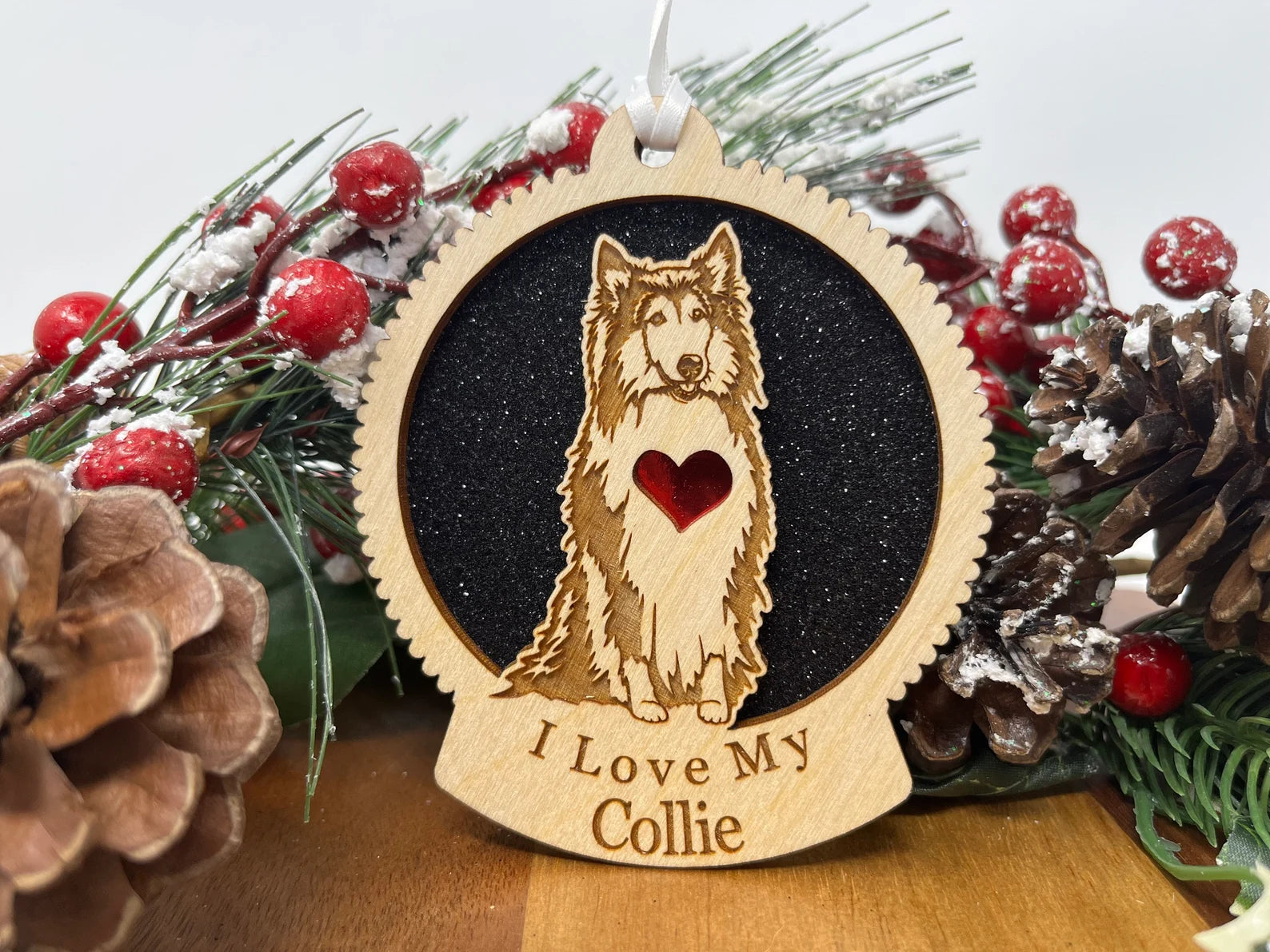 Love My Collie wooden ornament featuring a laser-cut silhouette of a collie, perfect for Christmas decoration.