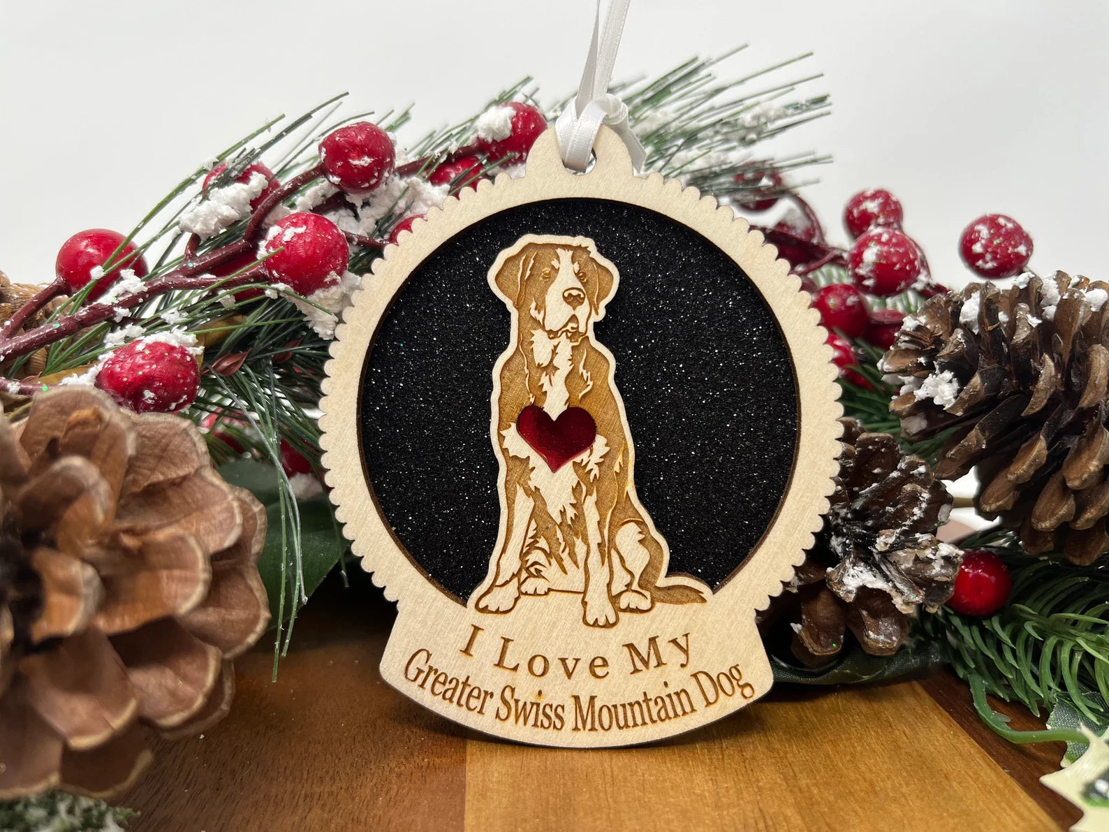 Laser cut wooden ornament featuring a Greater Swiss Mountain Dog silhouette, perfect for Christmas decoration.