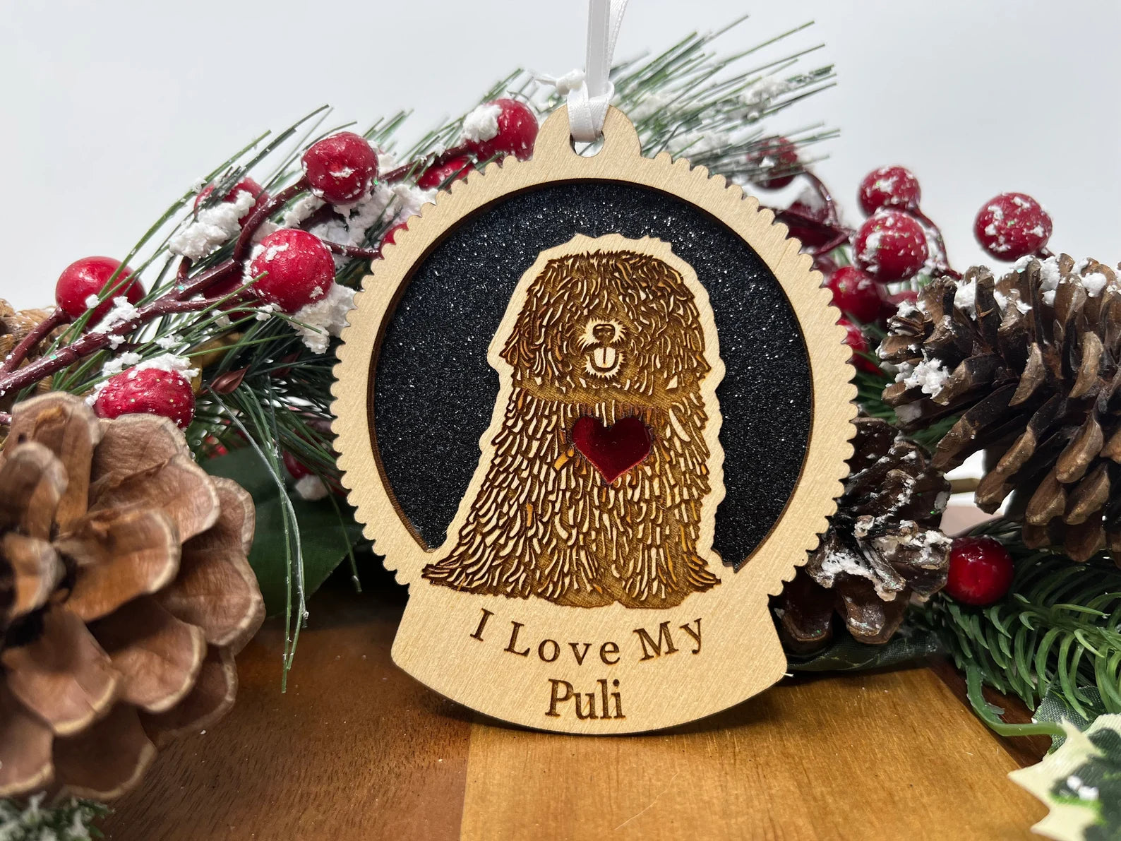 Love My Puli laser cut wooden ornament featuring a Puli silhouette, perfect for Christmas decoration.