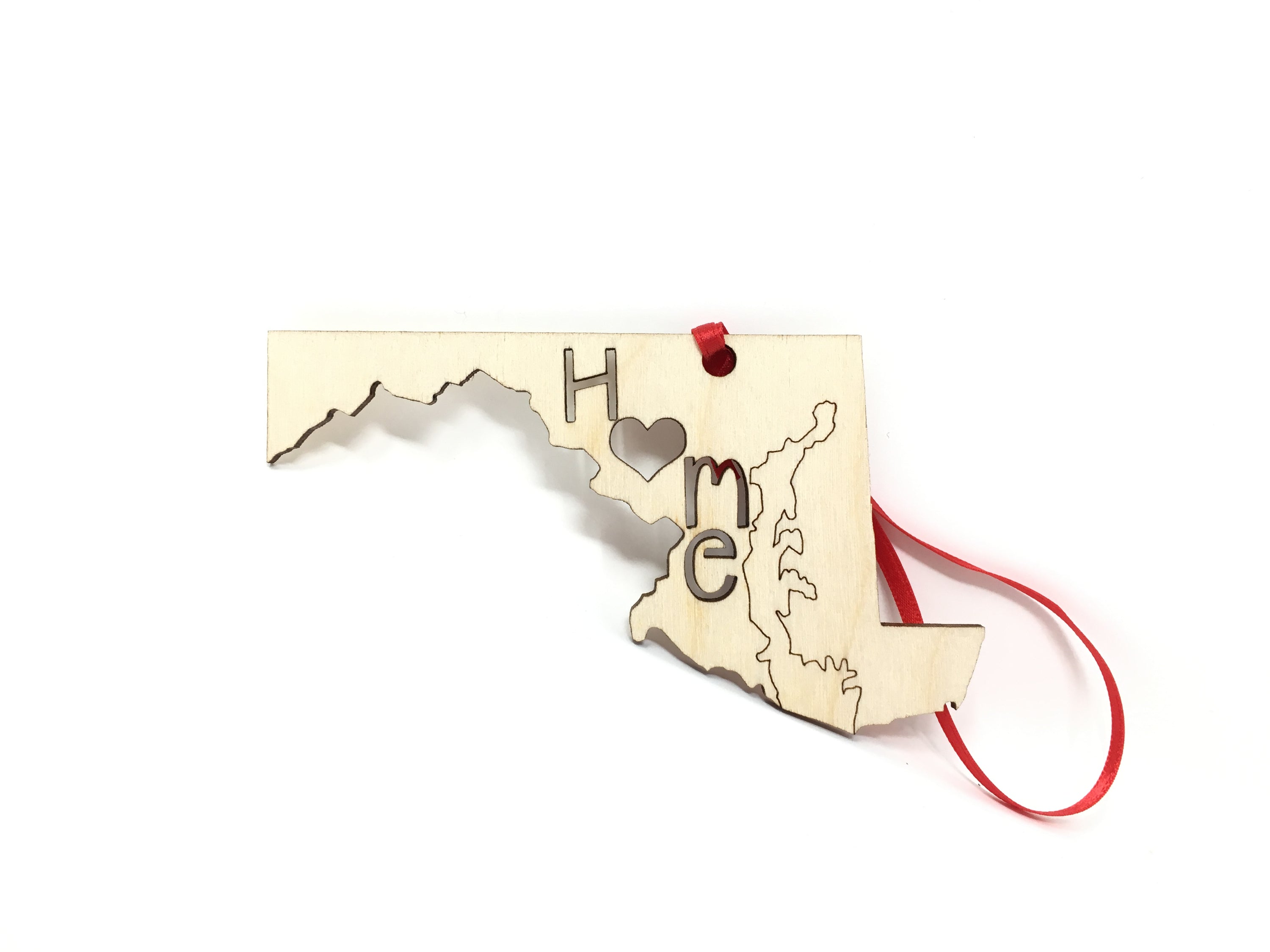 Maryland State Wood Christmas Ornament made from Baltic Birch, featuring intricate design and a hanging loop.