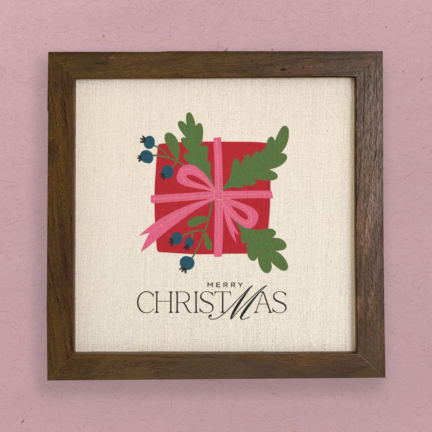 Merry Christmas framed sign with a stylized wood frame, featuring eco-friendly printing on a linen-look background.