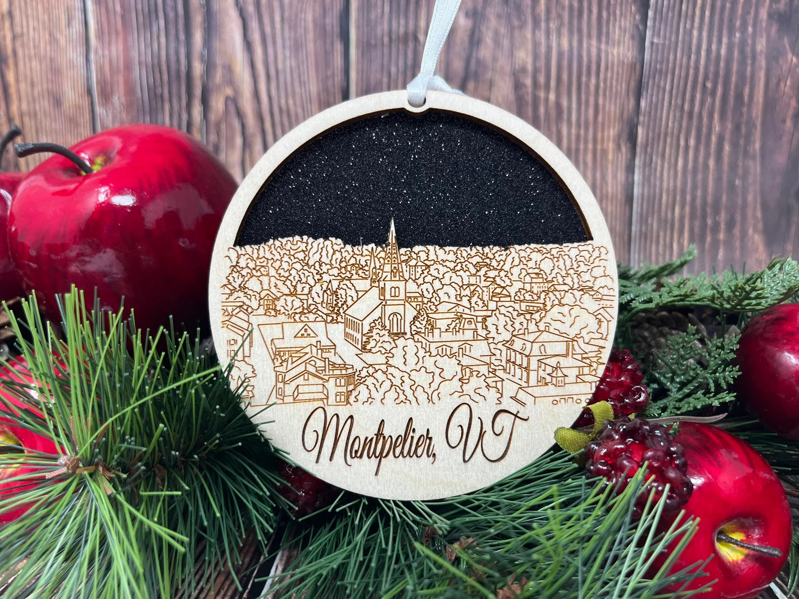 Montpelier Skyline Ornament made from premium Baltic birch wood, showcasing a detailed city skyline design.