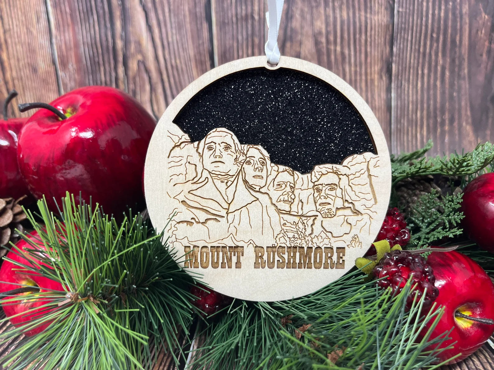 Mount Rushmore National Memorial Ornament made from premium Baltic birch wood, showcasing intricate details of the iconic landmark.