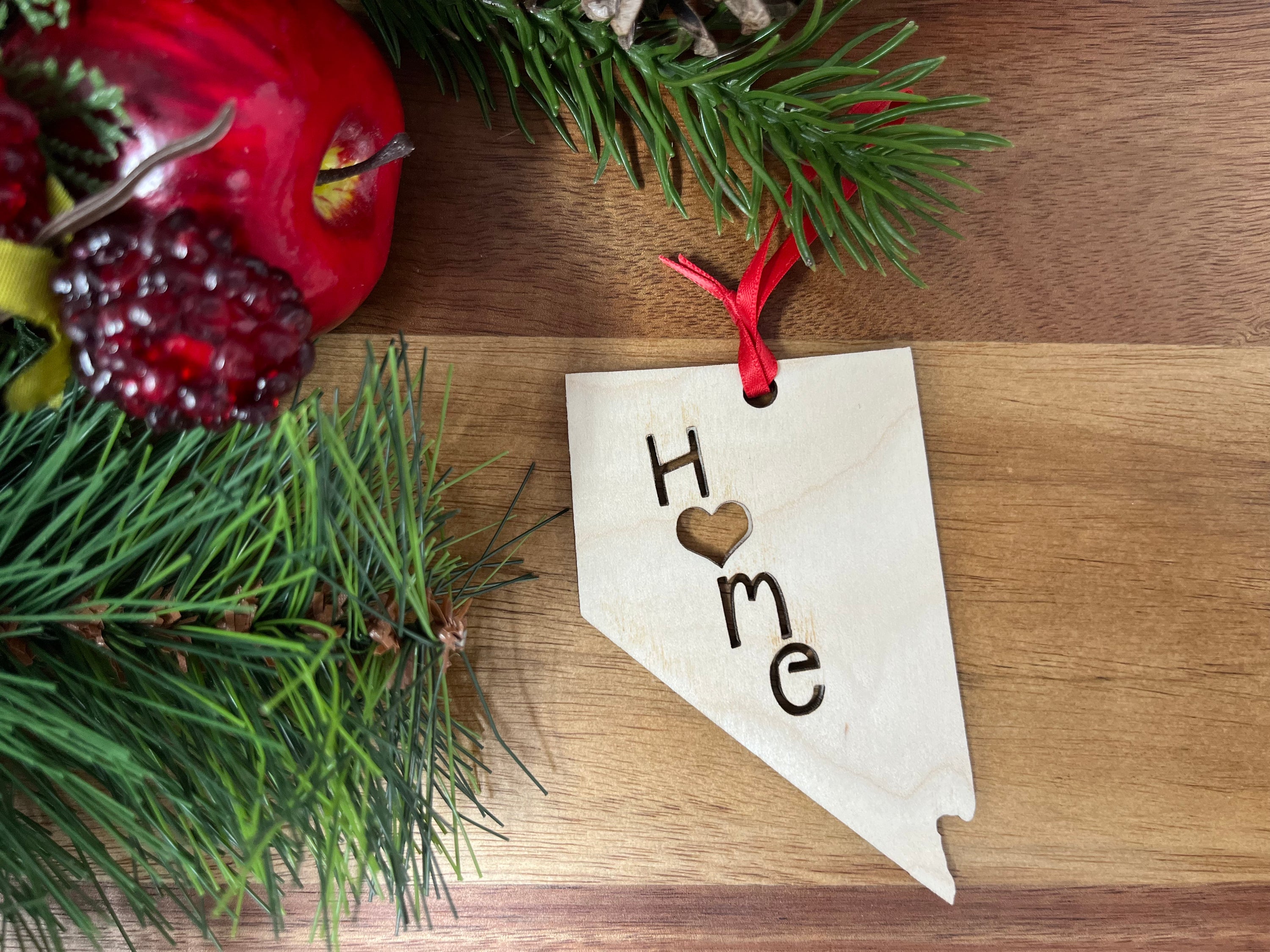 Nevada State Wood Christmas Ornament featuring a 'Home' design, crafted from premium Baltic Birch wood.