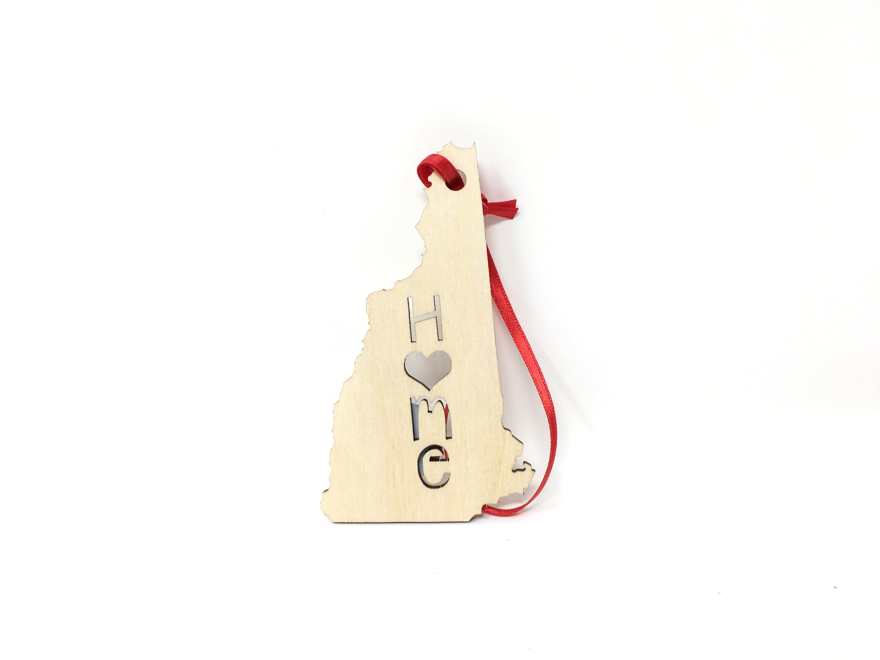 New Hampshire State Wood Christmas Ornament made from Baltic Birch, featuring an adorable 'Home' design.
