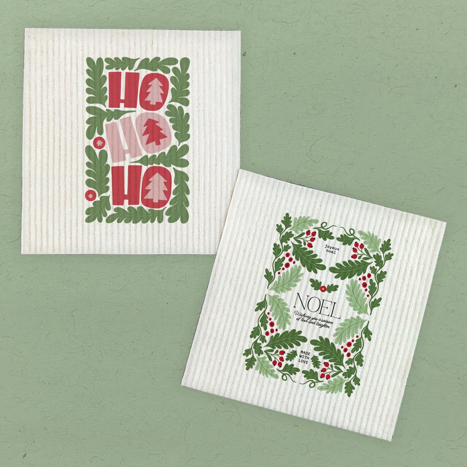 Two Swedish dish cloths featuring Noel and Ho Ho Ho designs, made from eco-friendly materials.