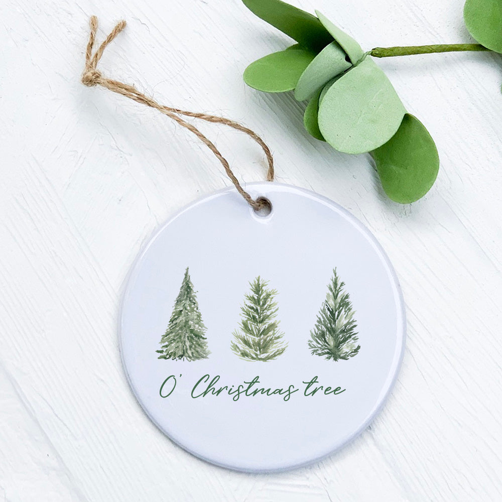O' Christmas Tree ornament made of high-quality porcelain, featuring a vibrant design, smooth glossy finish, and measuring 2.75 inches in diameter.