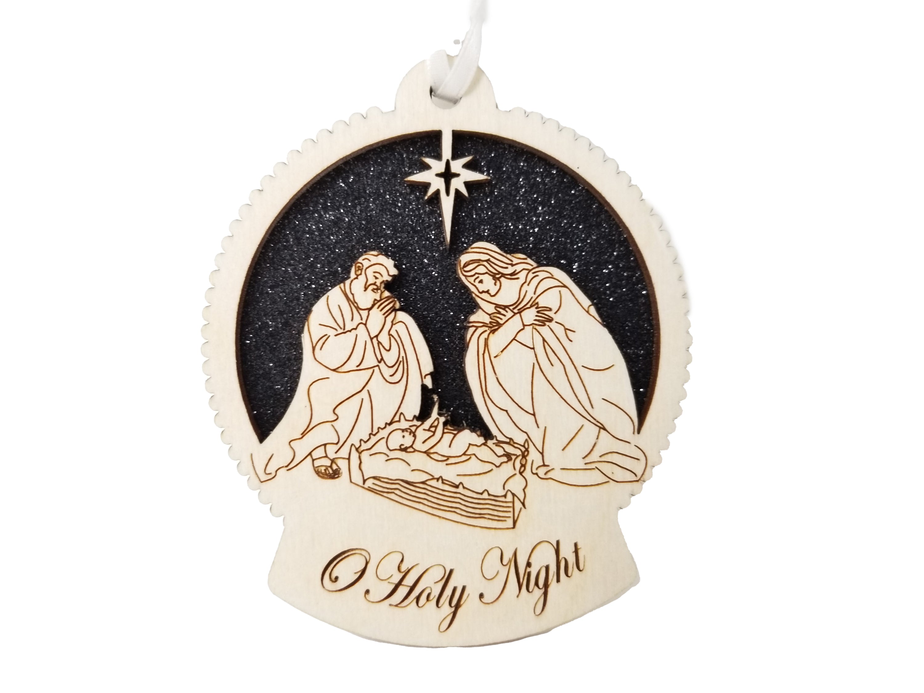 O Holy Night nativity ornament made from birch wood, featuring intricate cut designs and a decorative ribbon, perfect for Christmas trees.