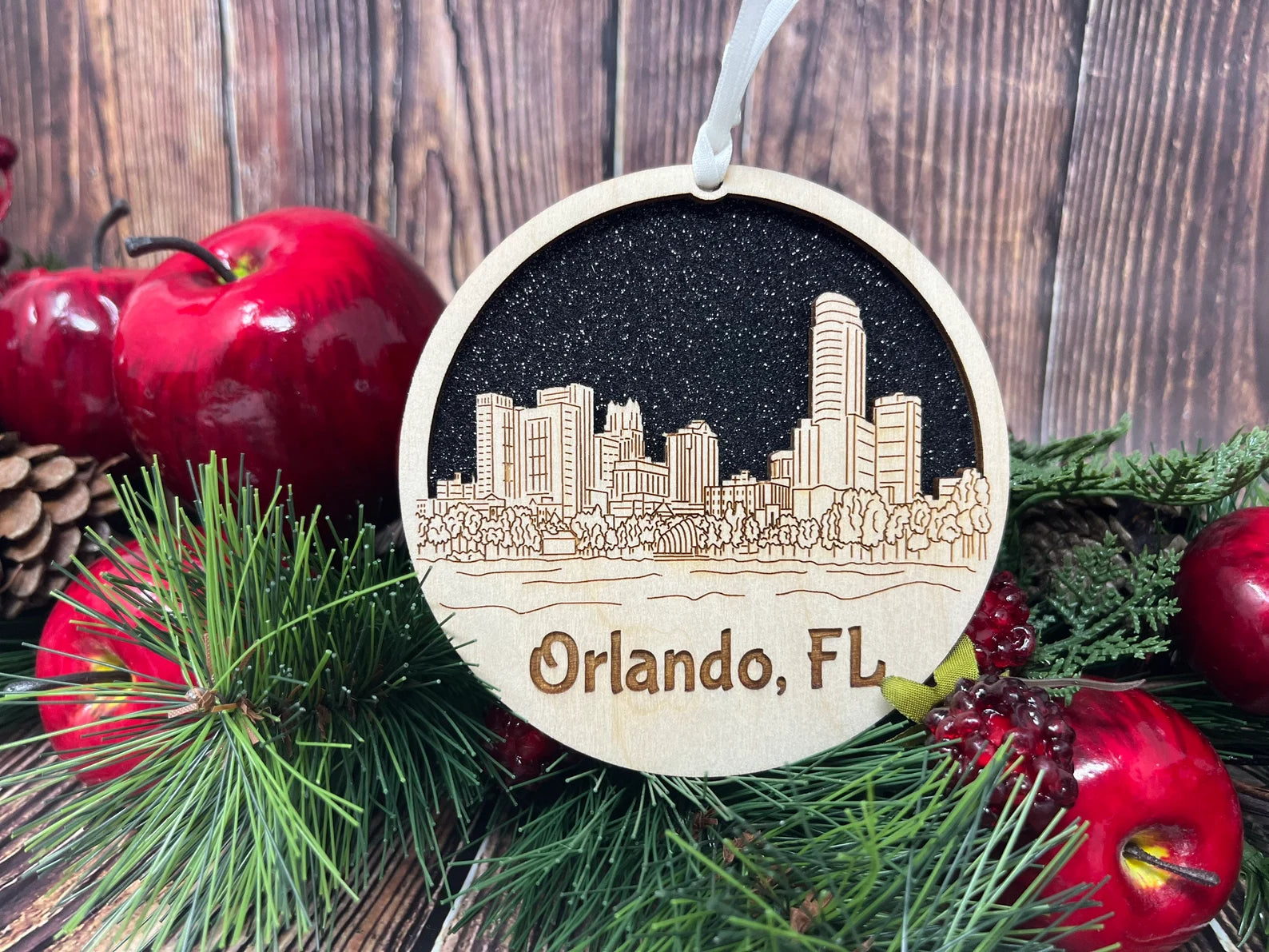 Orlando Skyline Ornament made from premium Baltic birch wood, showcasing intricate skyline design.