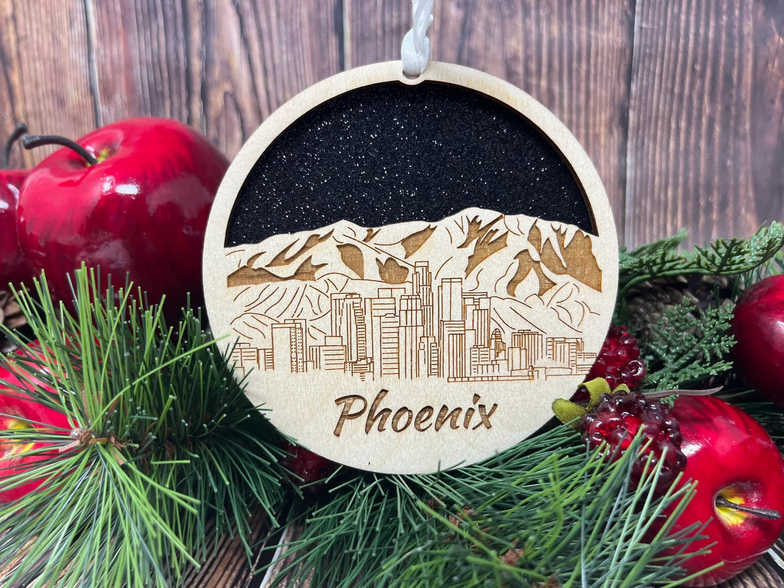 Phoenix Skyline Ornament made from premium Baltic birch wood, showcasing the city's skyline design.