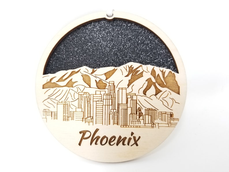 Phoenix Skyline Ornament made from premium Baltic birch wood, showcasing the city's skyline design.