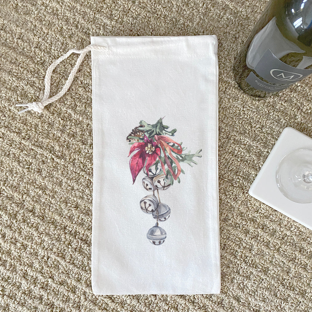 Poinsettia Bells Canvas Wine Bag featuring a festive floral design, perfect for carrying wine bottles.