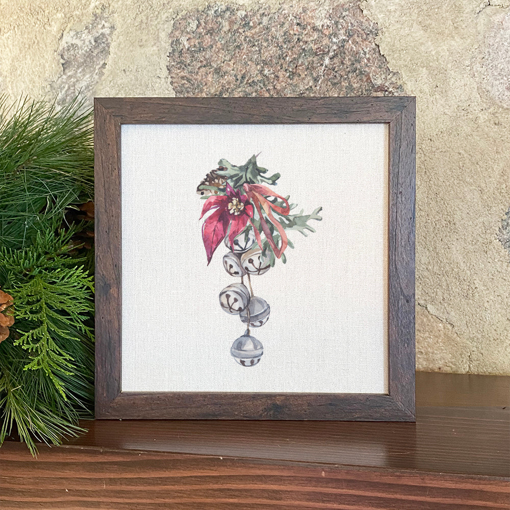 Poinsettia Bells framed sign with a wood frame and linen-style background, perfect for holiday decor.