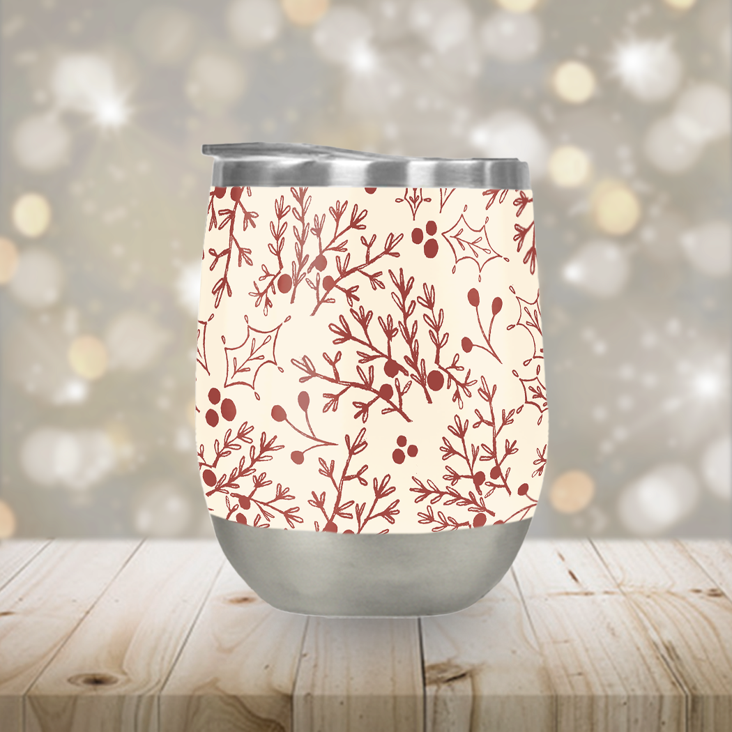 Red Christmas Branch Stemless Wine Tumbler with festive design, perfect for holiday gatherings and outdoor parties.