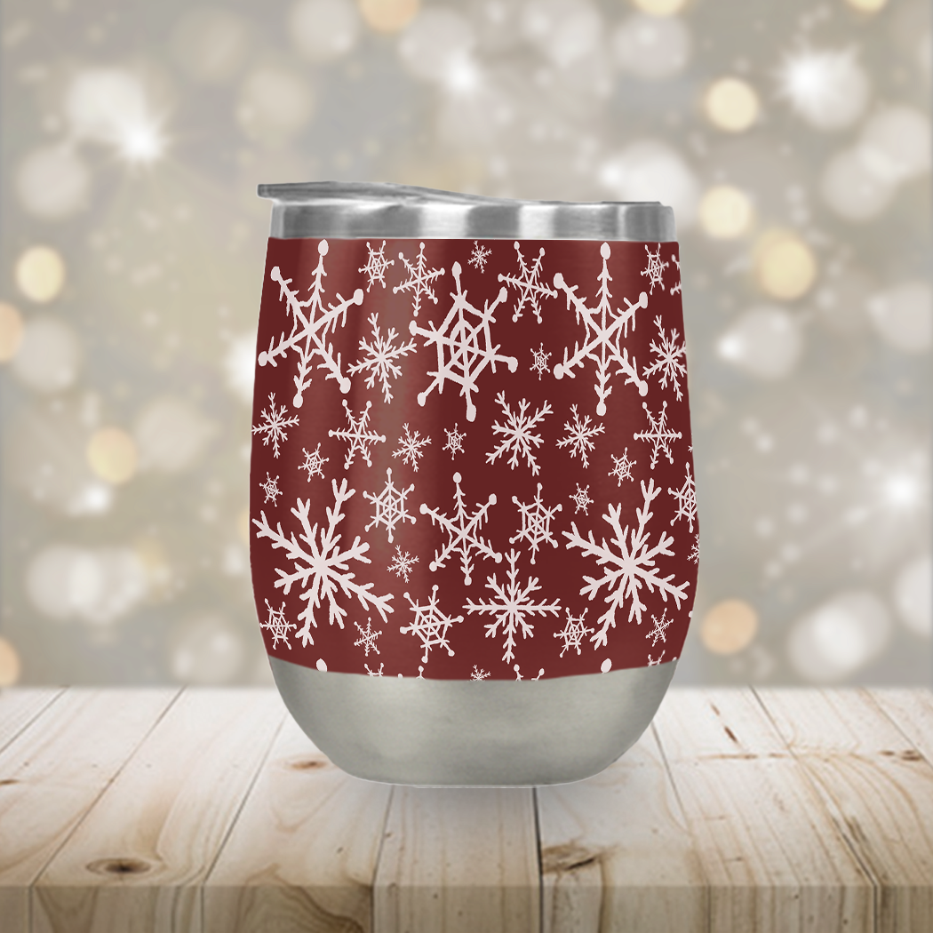 Red Snowflakes Stemless Wine Tumbler with double-wall insulation and festive design, perfect for outdoor events.